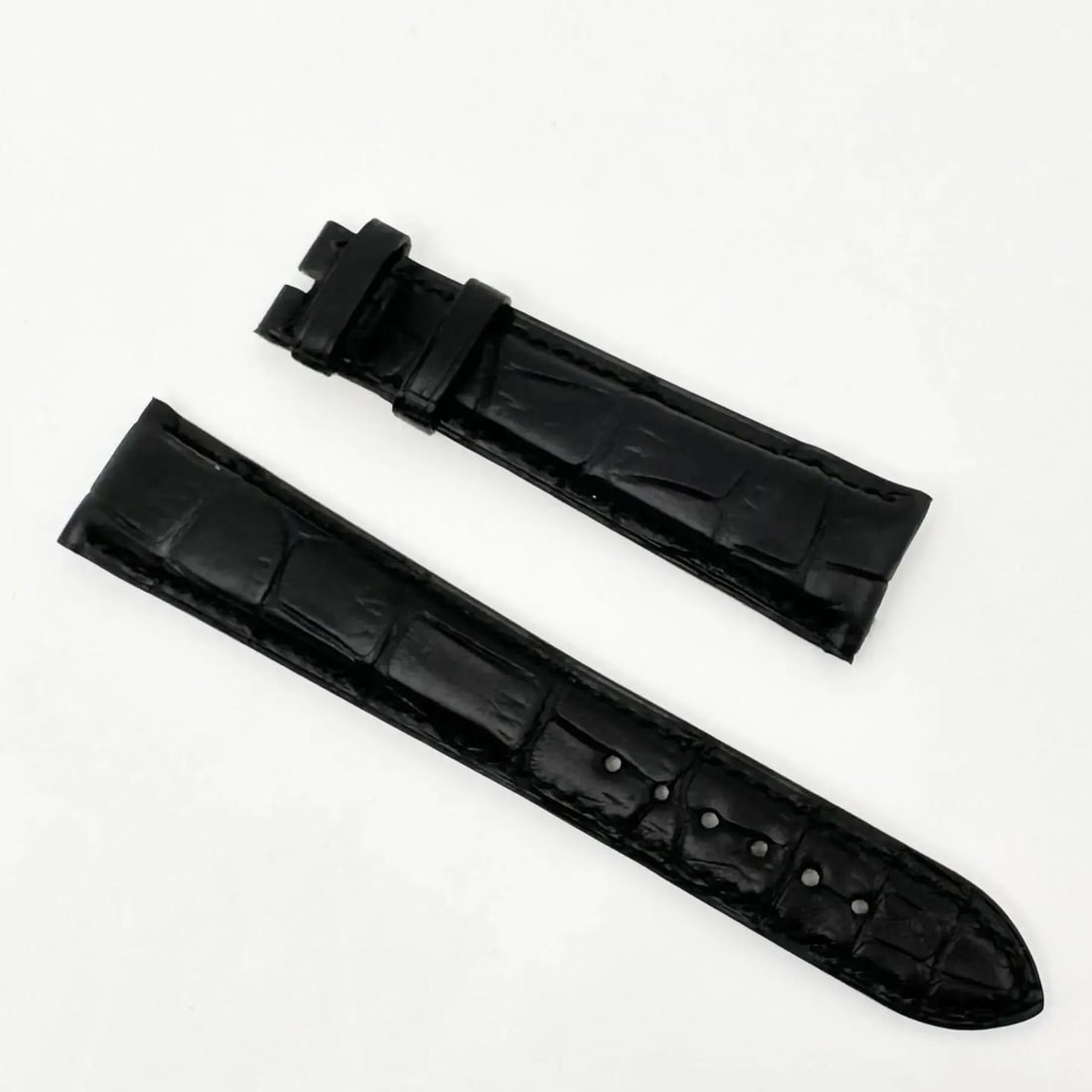 Bvlgari 16mm Black Alligator Leather Two-Piece Watch Strap: Bvlgari 16mm Black Alligator Leather Two-Piece Watch Strap Elevate your timepiece with this Bvlgari wristwatch band crafted from luxurious black alligator leather. Designed as a two-piece strap, this