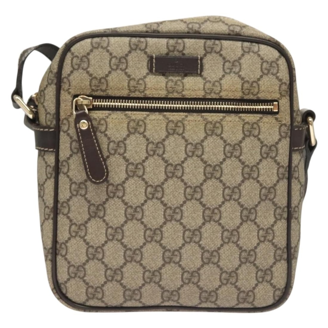 Unisex Gucci Coated Canvas Shoulder Bag Front Zip Messenger: Unisex Gucci Coated Canvas Shoulder Bag Front Zip Messenger This pre-owned Gucci Front Zip Messenger bag features a beige GG coated canvas construction with a front zip closure. Designed for unisex us