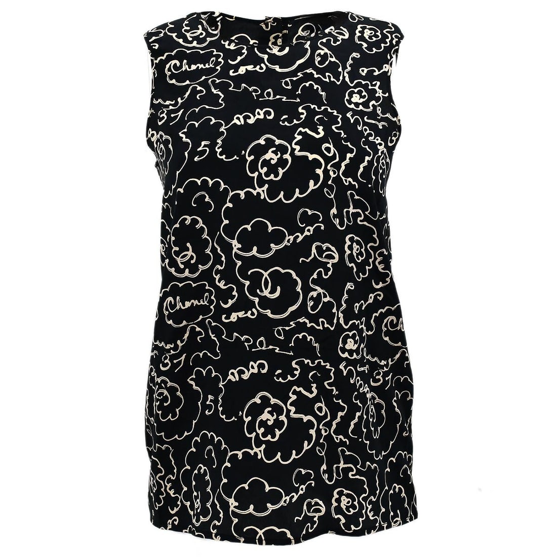 Chanel Black Sleeveless Tank Top with Logo Accents: Chanel Black Sleeveless Tank Top with Logo Accents Elevate your casual wardrobe with this stylish Chanel sleeveless top in classic black. Featuring a round neckline and a regular fit, this tank top is