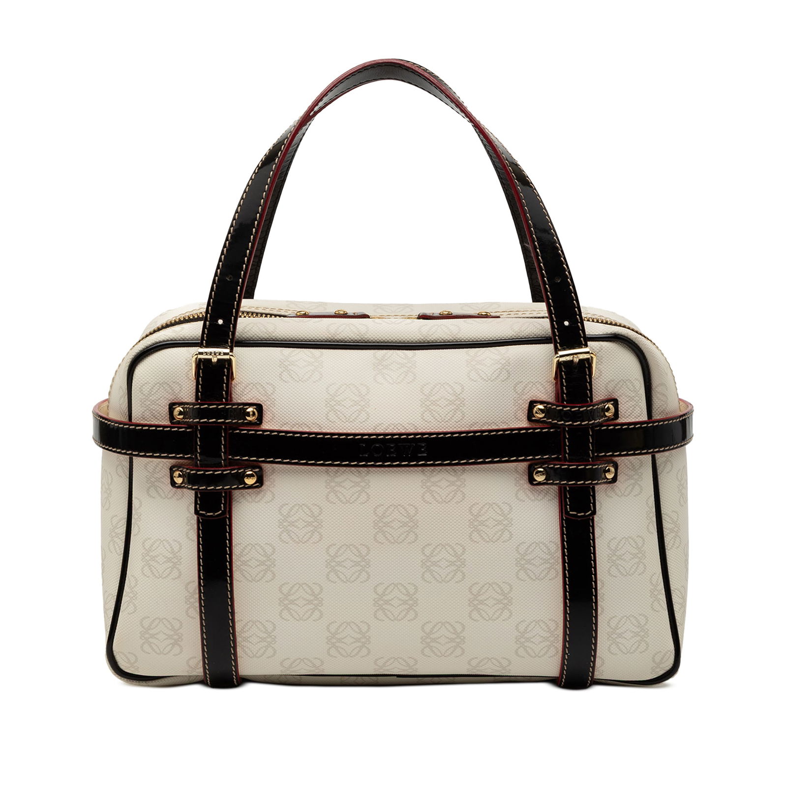 Anagram Pattern Coated Canvas Bag with Leather Trim by Loewe: Anagram Pattern Coated Canvas Bag with Leather Trim by Loewe This LOEWE Anagram handbag features a white coated canvas body with leather trim, complemented by flat leather handles and a top zip closur