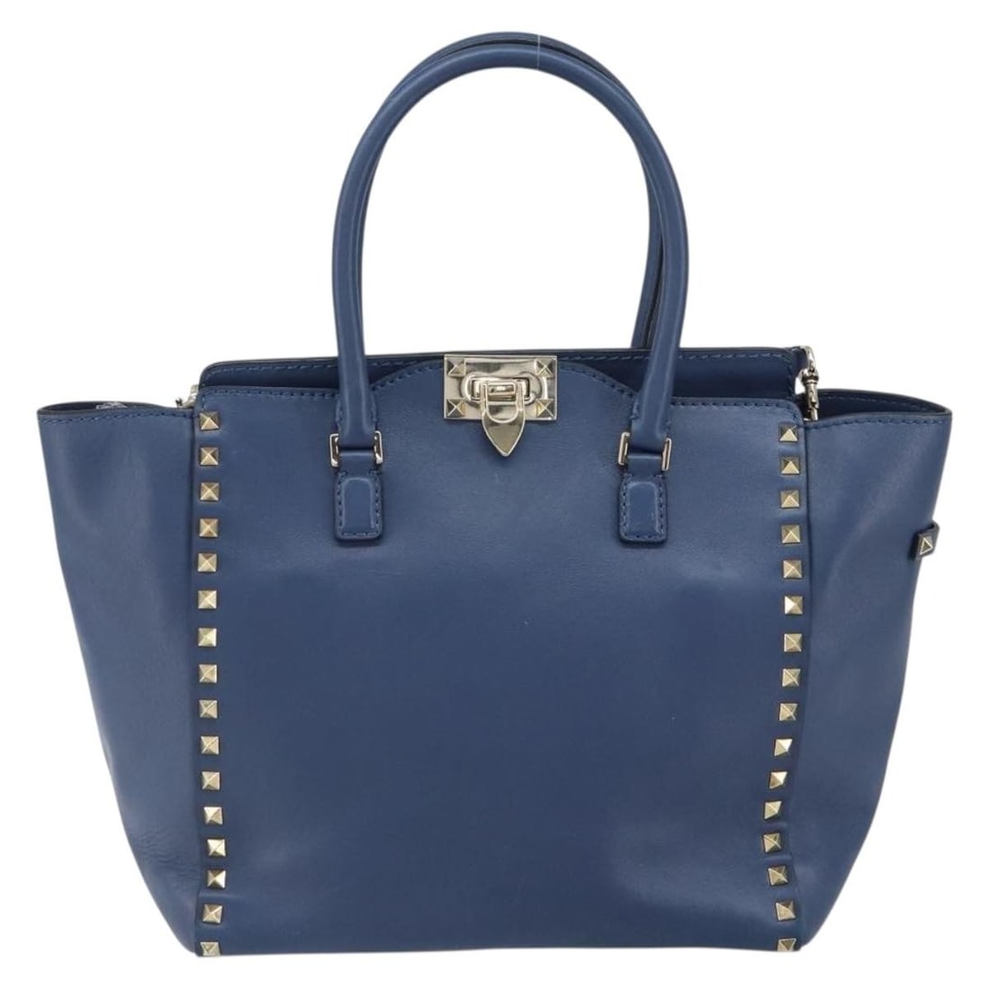 Valentino Garavani Rockstud Navy Leather Tote Bag 26cm: Valentino Garavani Rockstud Navy Leather Tote Bag 26cm This Valentino Garavani Rockstud Tote is crafted from navy leather and designed for women. It features a structured silhouette with signature Roc