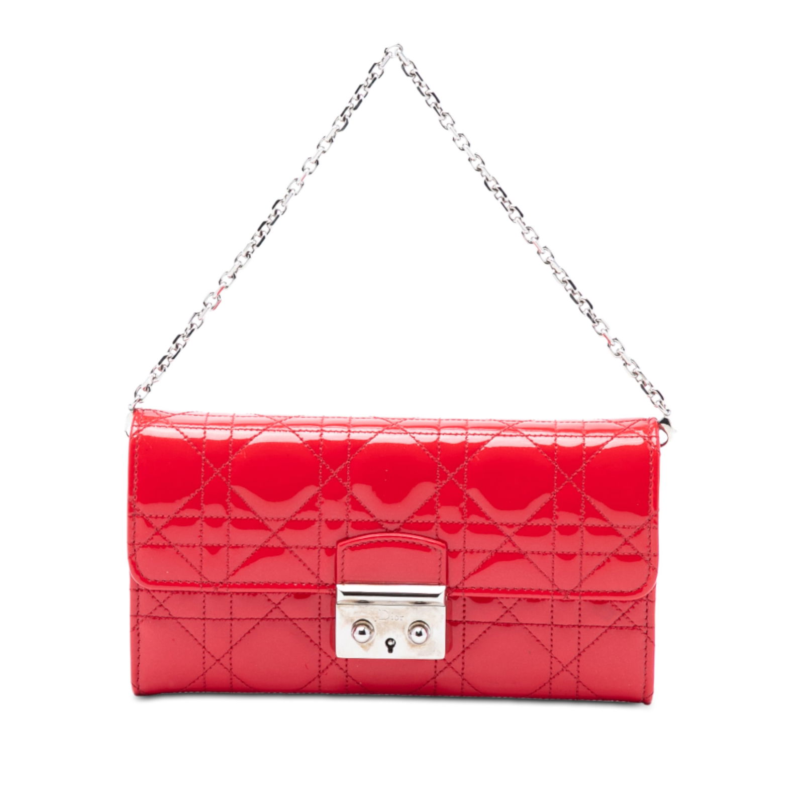 Dior Miss Dior Patent Cannage Red Leather Wallet on Chain with Chain Handle: Dior Miss Dior Patent Cannage Red Leather Wallet on Chain with Chain Handle This Dior Patent Cannage Miss Dior Wallet on Chain features a quilted patent leather exterior in red, a chain link handle, a