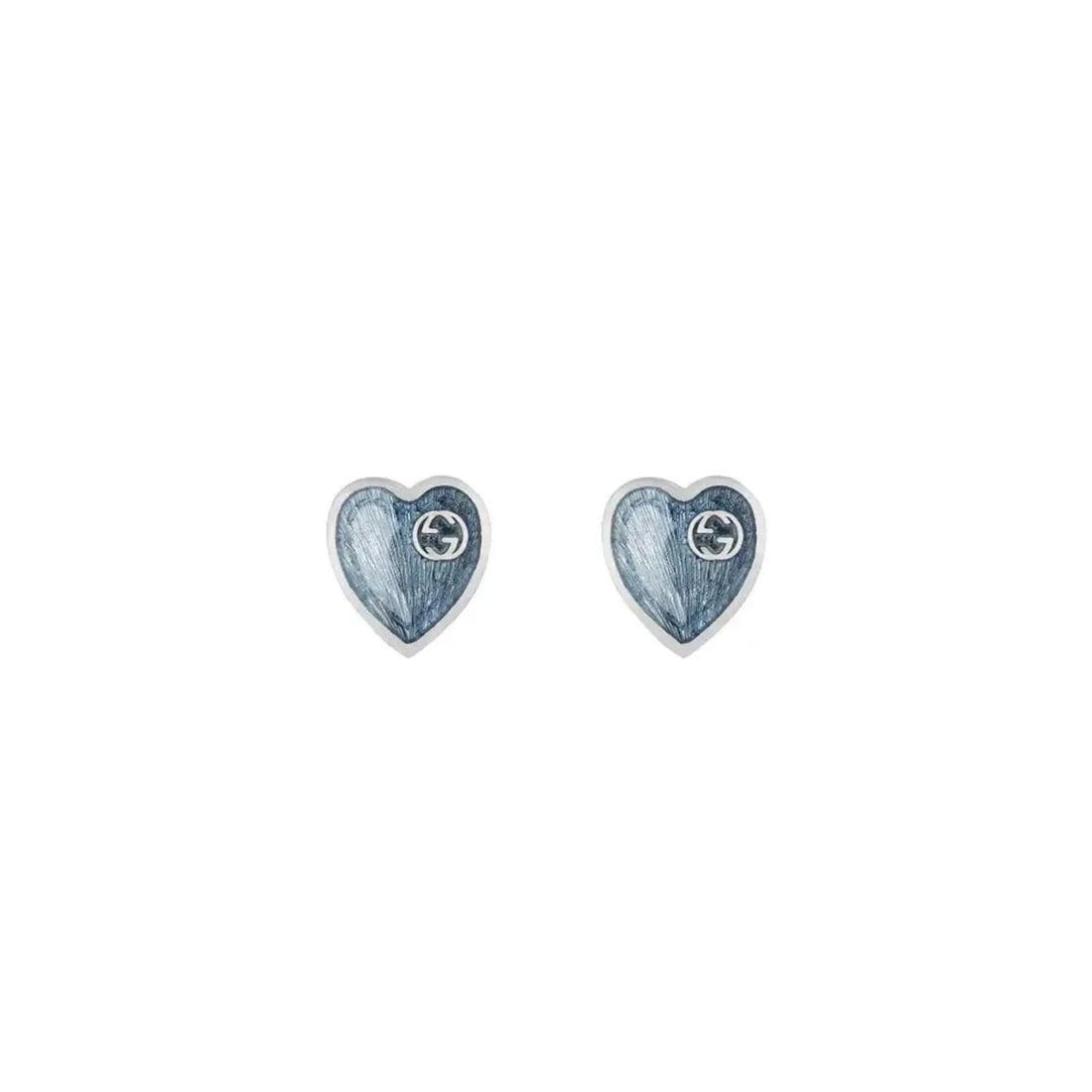 Gucci Light Blue Enamel Heart Stud Earrings 925 Sterling Silver: Gucci Light Blue Enamel Heart Stud Earrings 925 Sterling Silver Elevate your accessory collection with these exquisite Gucci Light Blue Enamel Interlocking G Heart Stud Earrings. Made of high-quality