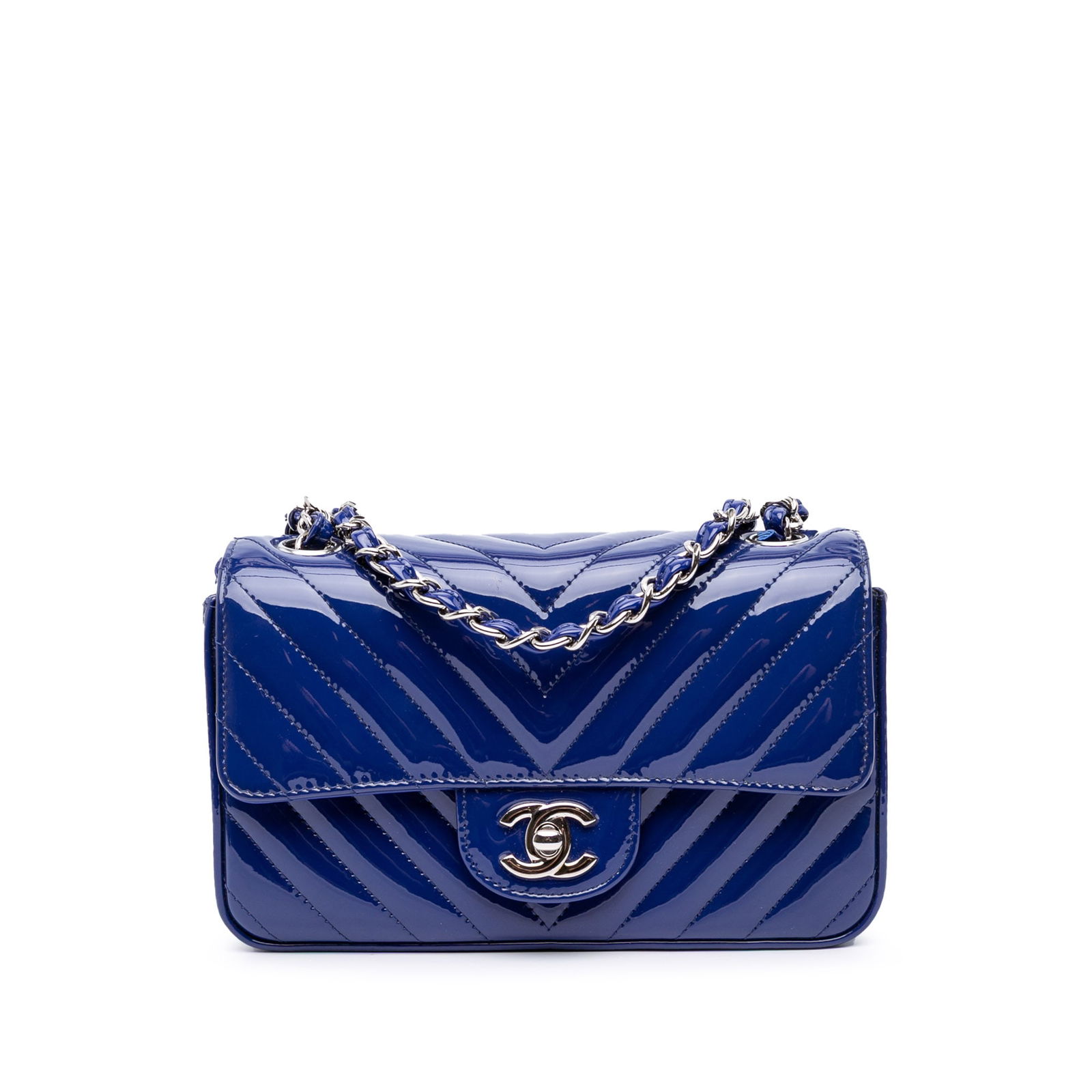 Chanel Mini Rectangular Chevron Patent Leather Blue Crossbody Bag: Chanel Mini Rectangular Chevron Patent Leather Blue Crossbody Bag This Chanel Mini Rectangular Classic Chevron Patent Single Flap crossbody bag showcases a stunning quilted patent leather exterior in