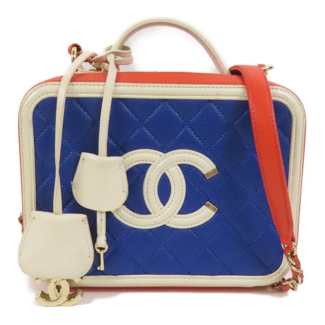 Chanel Blue Calfskin Leather Vanity Case with Gold Hardware Shoulder Strap: Chanel Blue Calfskin Leather Vanity Case with Gold Hardware Shoulder Strap This CHANEL 2-way vanity case shoulder bag is crafted from calfskin leather in blue and orange tones. Featuring a signature C