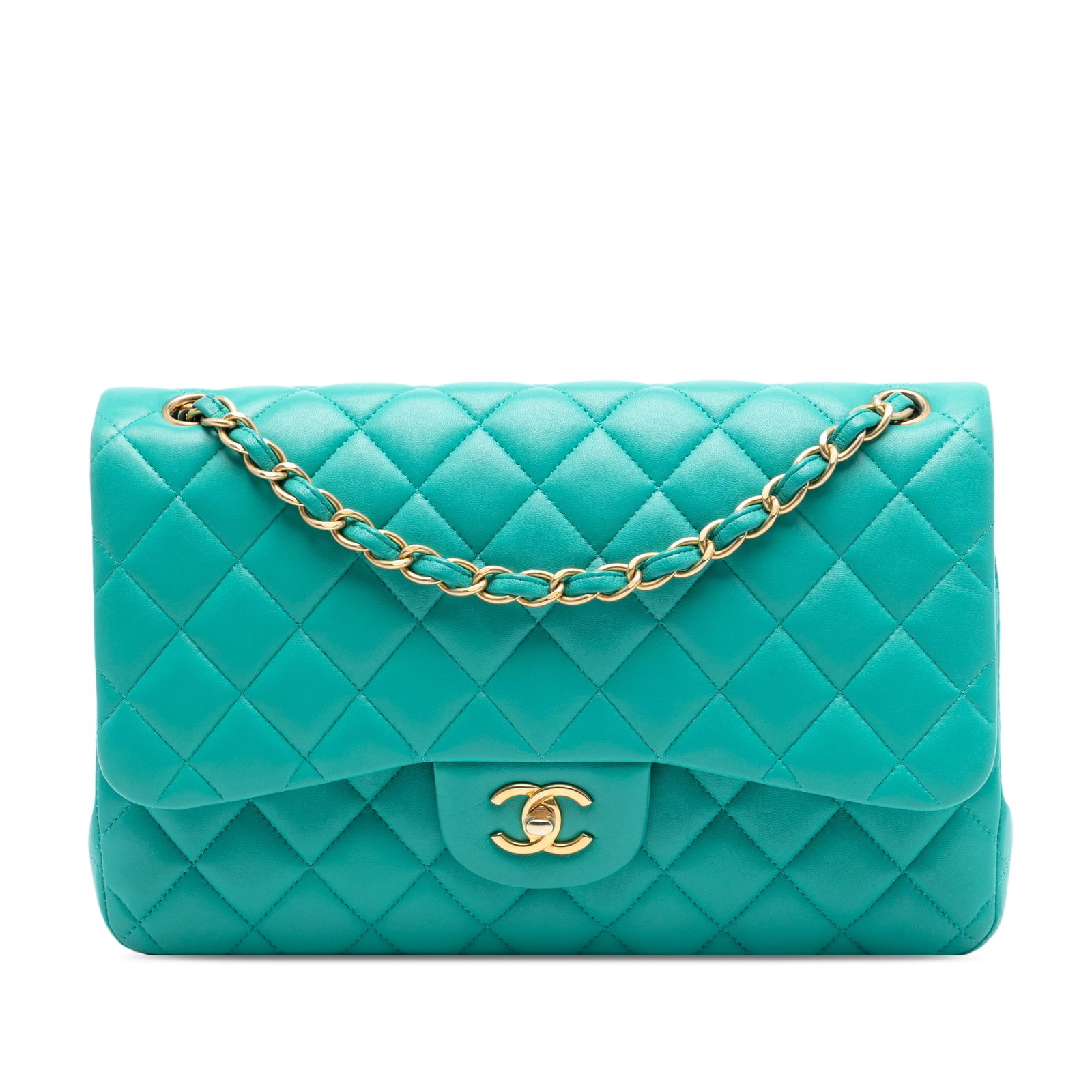 Green Chanel Jumbo Classic Double Flap Lambskin Quilted Shoulder Bag: Green Chanel Jumbo Classic Double Flap Lambskin Quilted Shoulder Bag This Chanel Jumbo Classic Lambskin Double Flap shoulder bag features a quilted lambskin leather body in green, a leather-woven chai