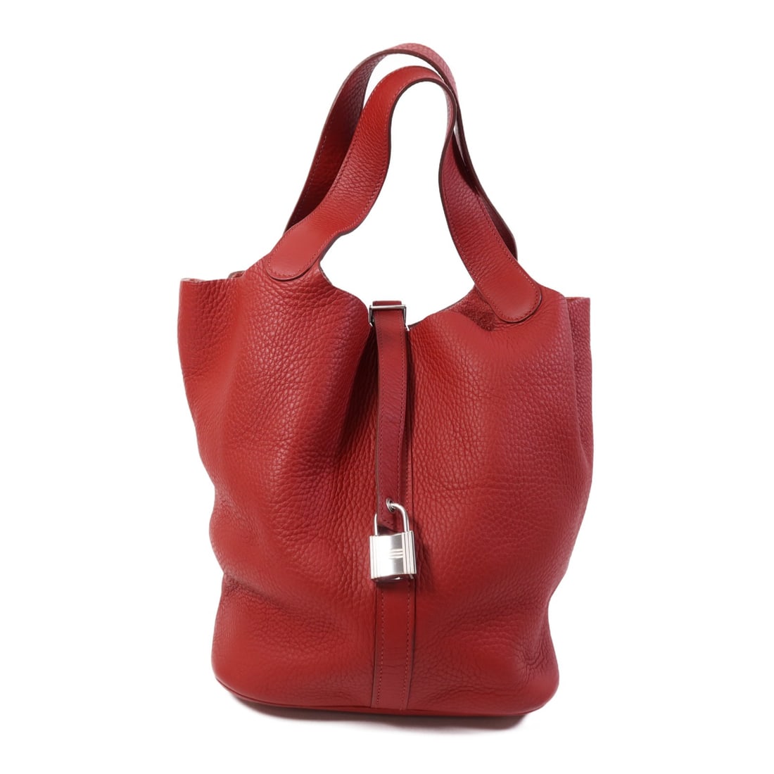 HERMES Picotin GM Handbag Red Clemence Leather PHW: HERMES Picotin GM Handbag Red Clemence Leather PHW This HERMES Picotin GM Hand Bag is a stylish and versatile bucket tote crafted from high-quality calfskin leather. With its striking red exterior, th