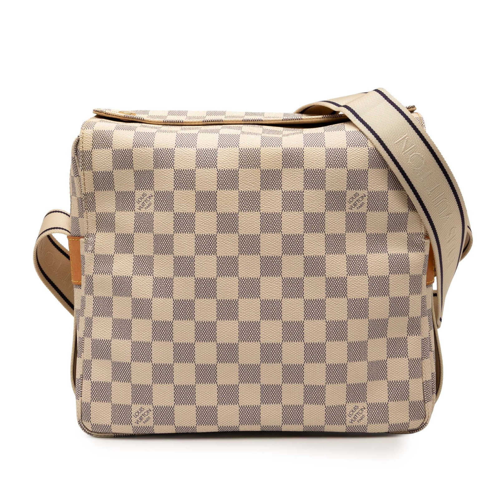 Louis Vuitton Naviglio Crossbody in Damier Azur Canvas with Flap Top: Louis Vuitton Naviglio Crossbody in Damier Azur Canvas with Flap Top The Louis Vuitton Damier Azur Naviglio features a Damier Azur canvas body with an adjustable flat canvas strap, a flap top with sna