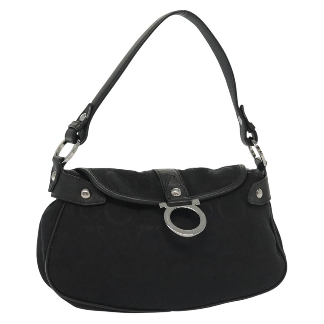 Salvatore Ferragamo Gancini Black Silver Canvas Hand Bag Auth Italy: Salvatore Ferragamo Gancini Black Silver Canvas Hand Bag Auth Italy This elegant Salvatore Ferragamo Gancini Hand Bag features a sophisticated black and silver canvas exterior, combining style and pra