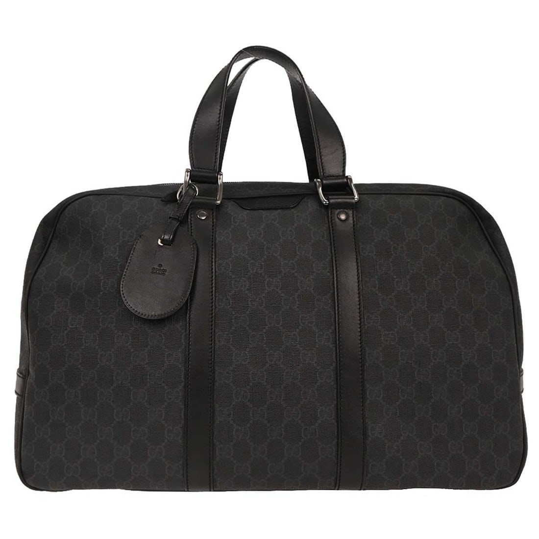 Black Canvas Gucci GG Vintage Unisex Duffle Travel Bag: Black Canvas Gucci GG Vintage Unisex Duffle Travel Bag This Gucci vintage duffle bag is crafted from GG coated canvas in black and is designed for unisex use. The bag features leather trim with some s