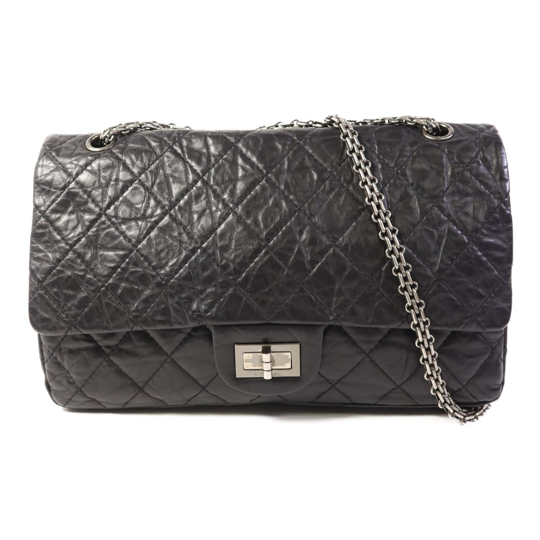 CHANEL 2.55 Jumbo Black Calfskin Shoulder Bag with Silver Hardware: CHANEL 2.55 Jumbo Black Calfskin Shoulder Bag with Silver Hardware Introducing the iconic CHANEL 2.55 Jumbo Chain Shoulder Bag, a timeless accessory crafted from luxurious black calfskin leather. This