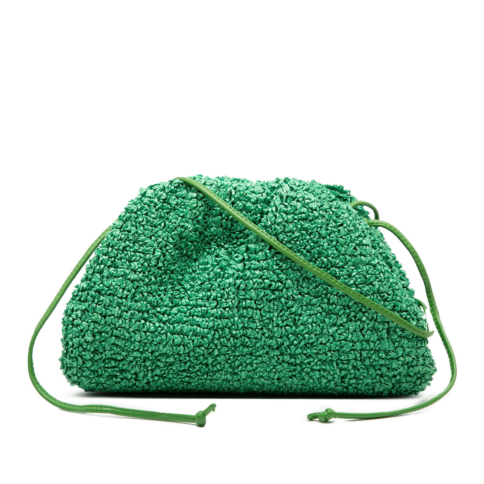 Bottega Veneta Mini Pouch Boucle Raffia Green Crossbody Bag: Bottega Veneta Mini Pouch Boucle Raffia Green Crossbody Bag This Bottega Veneta Boucle Raffia The Mini Pouch Crossbody features a curly raffia exterior, a flat leather shoulder strap, and a top magnet