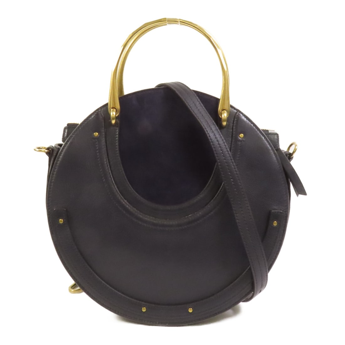 Chloe Pixie Navy Black Calfskin Suede Shoulder Bag with Gold Hardware: Chloe Pixie Navy Black Calfskin Suede Shoulder Bag with Gold Hardware This Chloe Pixie 2-way shoulder bag is crafted from calfskin leather and suede in a navy and black color scheme. Designed for vers