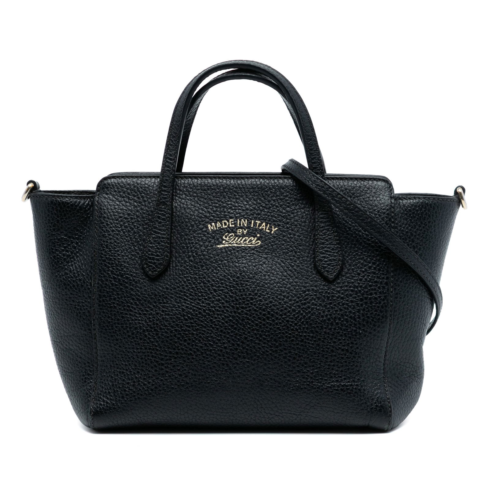 Black Leather Mini Satchel by Gucci with Top Zip Closure: Black Leather Mini Satchel by Gucci with Top Zip Closure This Gucci Mini Leather Swing Satchel features a black leather body with flat leather handles, a top zip closure, and interior zip and slip poc