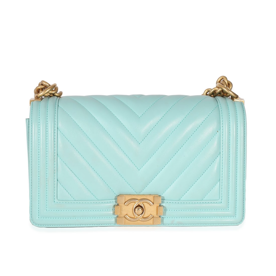 Chanel Medium Boy Bag Light Blue Chevron Lambskin with Authenticity Card: Chanel Medium Boy Bag Light Blue Chevron Lambskin with Authenticity Card This Chanel Medium Boy Bag features light blue chevron-quilted lambskin leather with gold-tone hardware. The bag includes a pus