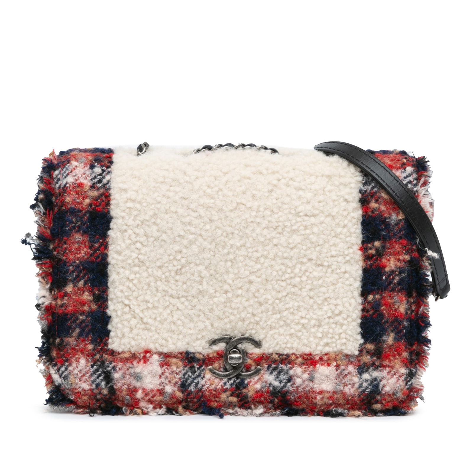 Chanel CC Tweed Shearling Flap Bag Multi Color France: Chanel CC Tweed Shearling Flap Bag Multi Color France Introducing the Chanel CC Tweed and Shearling Single Flap, a stylish and functional accessory crafted in France. This exquisite bag features a uni