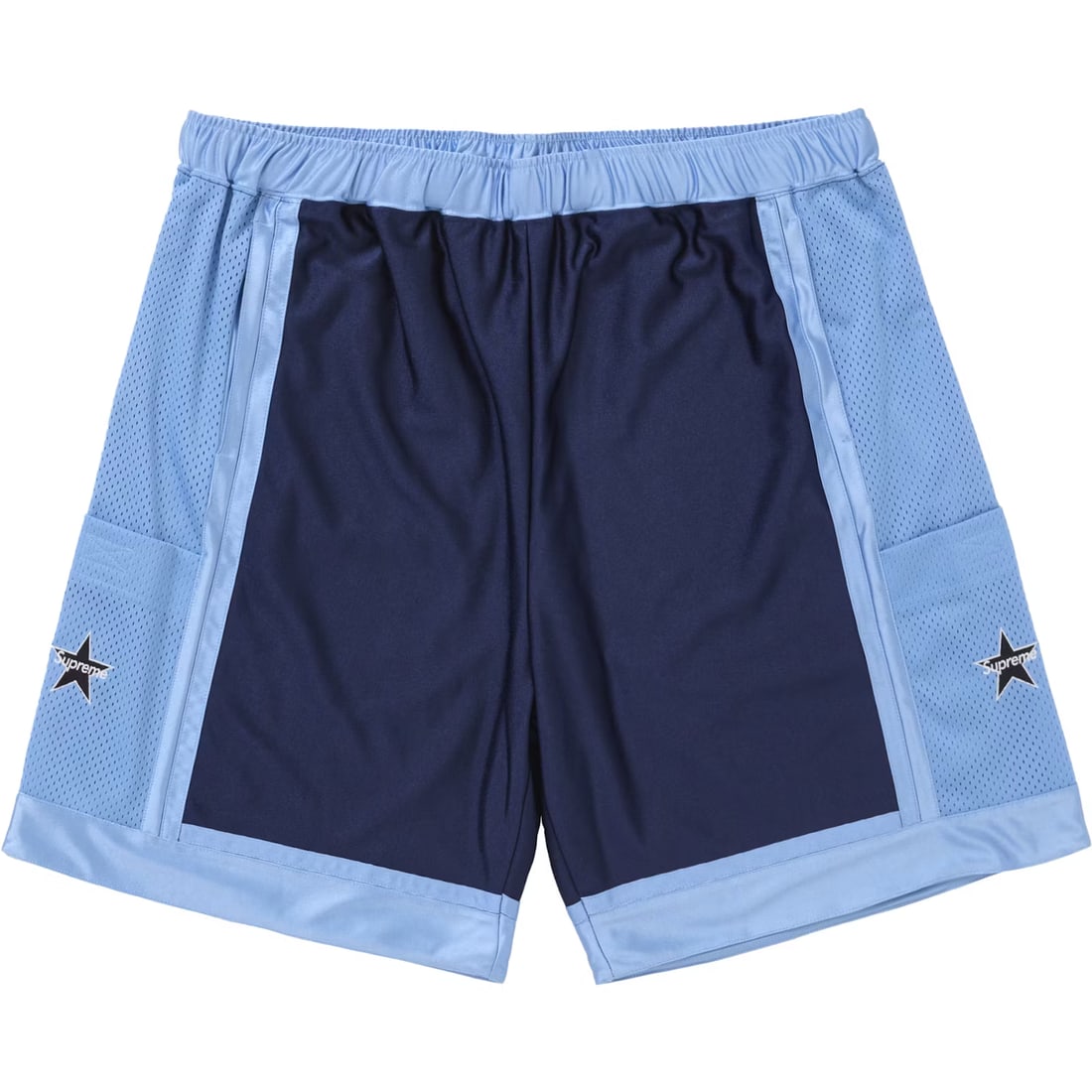 Blue Mesh Basketball Shorts with Supreme Branding and Side Pockets (1 of 2)