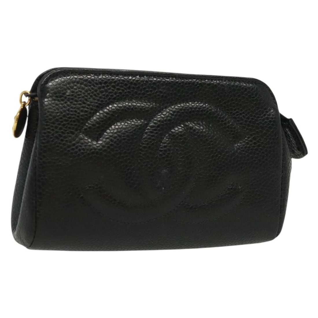 Black Caviar Skin Small Pouch with Gold CC by CHANEL: Black Caviar Skin Small Pouch with Gold CC by CHANEL This CHANEL pouch is crafted from black caviar grained calfskin with gold-tone accents and features the signature CC logo. Made in France, it offer