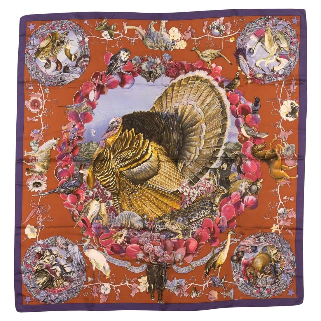 Texas Wildlife Silk Scarf by Hermes in Rust and Purple by Kermit Oliver: Texas Wildlife Silk Scarf by Hermes in Rust and Purple by Kermit Oliver This Hermes Texas Wildlife scarf is a rare and collectible piece designed by Kermit Oliver. Featuring a rust and purple color co