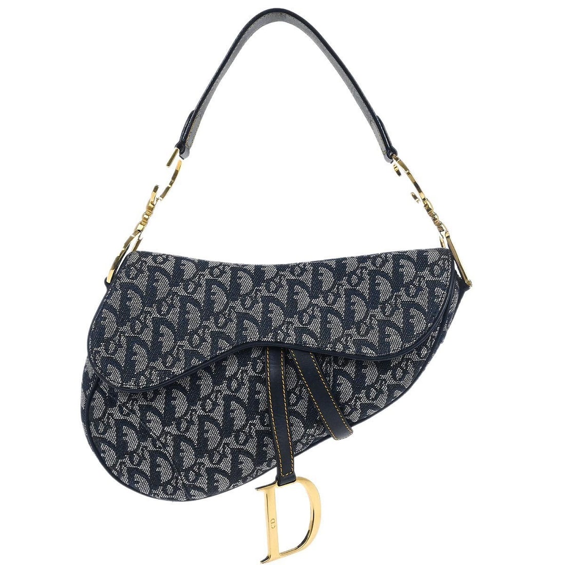 Dior Saddle Bag Navy Canvas and Leather Shoulder RU0051: Dior Saddle Bag Navy Canvas and Leather Shoulder RU0051 This Christian Dior Saddle handbag features the iconic Trotter design in navy canvas with leather accents. The medium-sized bag offers a Velcro