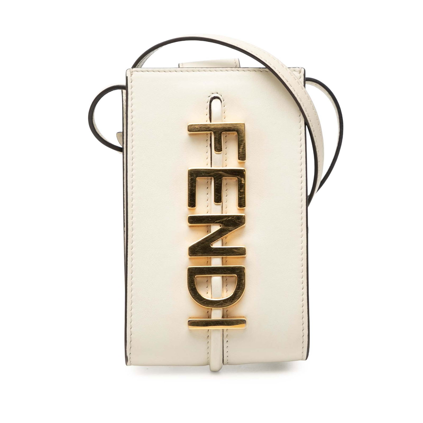 Fendi Fendigraphy White Leather Phone Pouch With Card Slot: Fendi Fendigraphy White Leather Phone Pouch With Card Slot This Fendigraphy phone pouch is crafted from leather and features an adjustable flat leather strap, a top strap with snap closure, and an ext