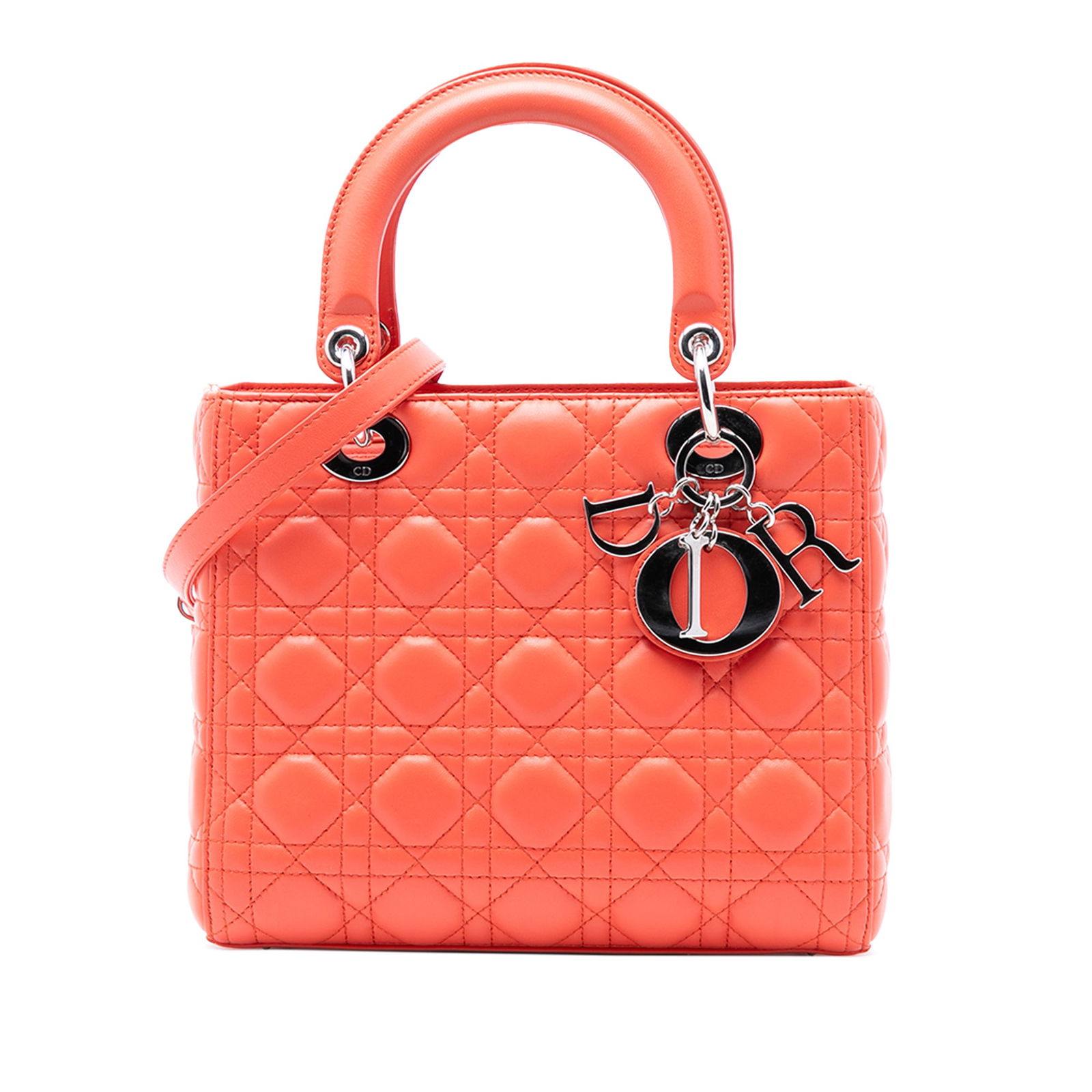 Dior Lady Dior Bag Medium Cannage Quilted Lambskin with Strap Orange: Dior Lady Dior Bag Medium Cannage Quilted Lambskin with Strap Orange This Lady Dior handbag features a quilted lambskin leather exterior in orange, flat leather top handles, a detachable strap, a top