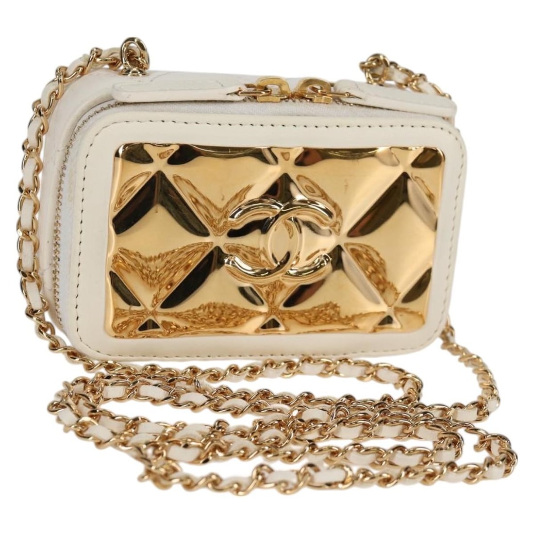 Chanel Gold Leather Quilted CC Chain Zip Clutch Wallet: Chanel Gold Leather Quilted CC Chain Zip Clutch Wallet This Chanel CC Zip Around Clutch with Chain is crafted from quilted leather in a gold tone and features a zip-around closure. Designed for women,