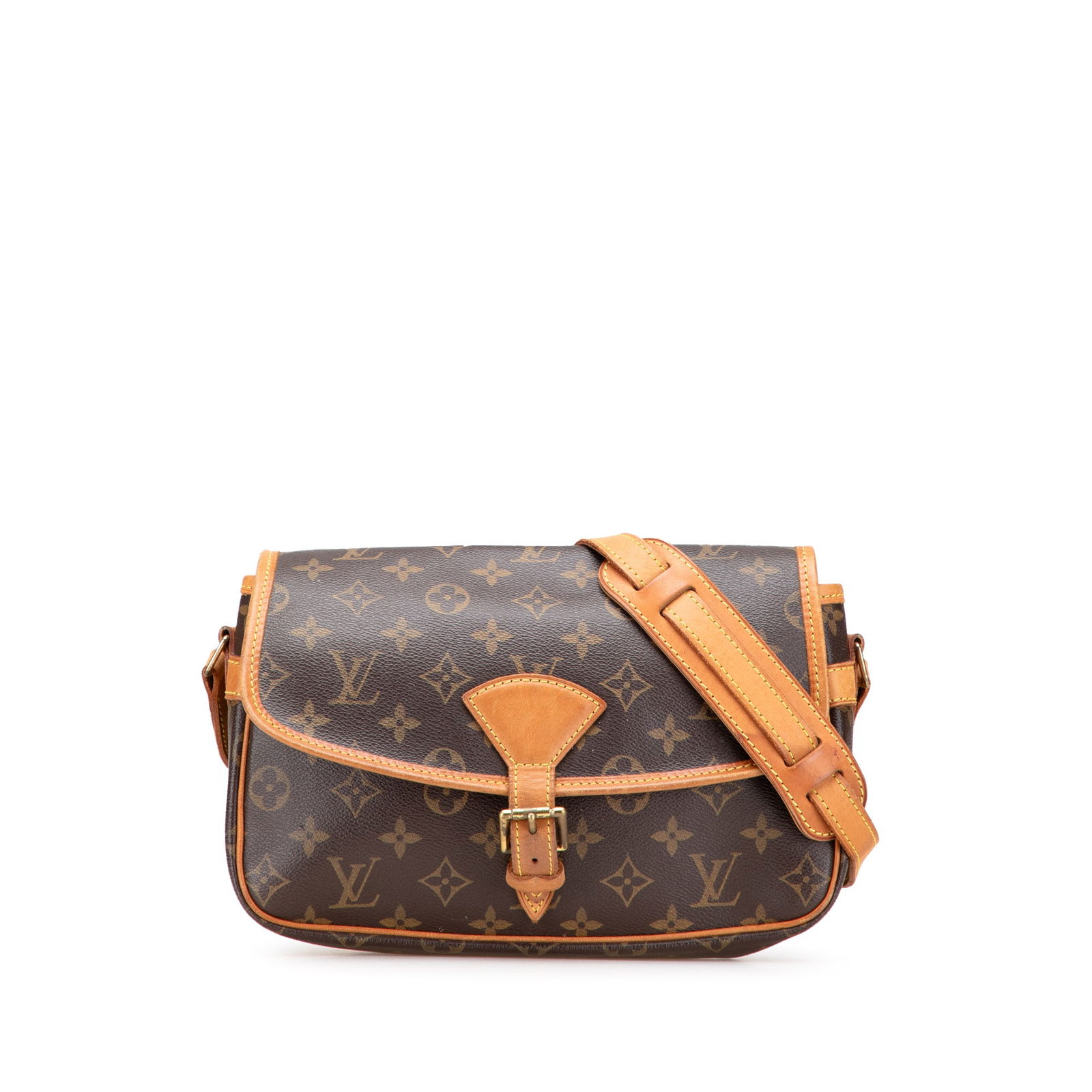 Louis Vuitton Monogram Sologne Bag with Vachetta Strap: Louis Vuitton Monogram Sologne Bag with Vachetta Strap The Louis Vuitton Monogram Sologne is a stylish bag made from durable Monogram canvas, featuring an adjustable flat vachetta strap equipped with