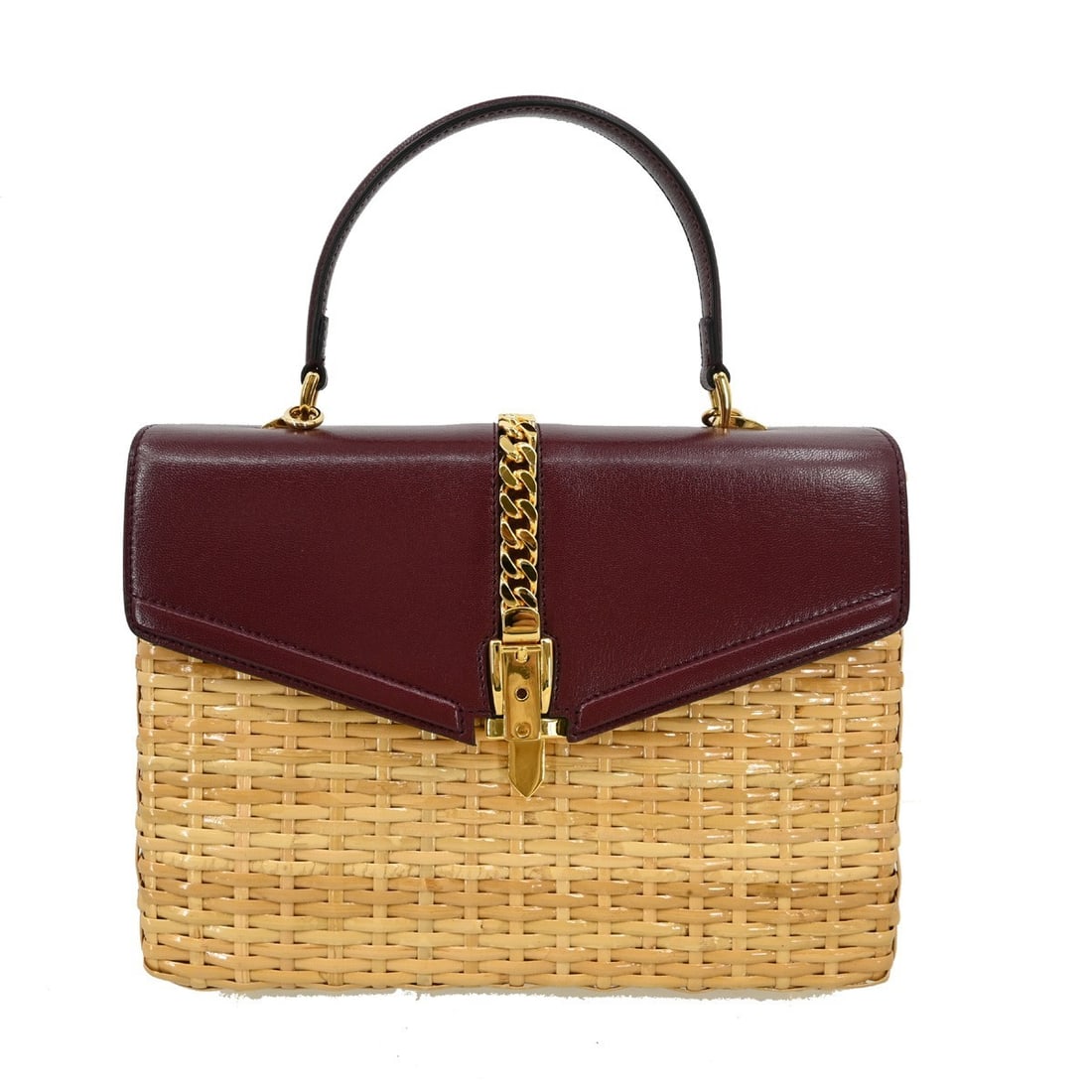 Red Leather and Wicker Gucci Sylvie 1969 Handbag with Top Handle: Red Leather and Wicker Gucci Sylvie 1969 Handbag with Top Handle The Gucci Sylvie 1969 Top Handle Bag combines luxurious red leather with elegant wicker detailing. Designed for women, this Italian-mad