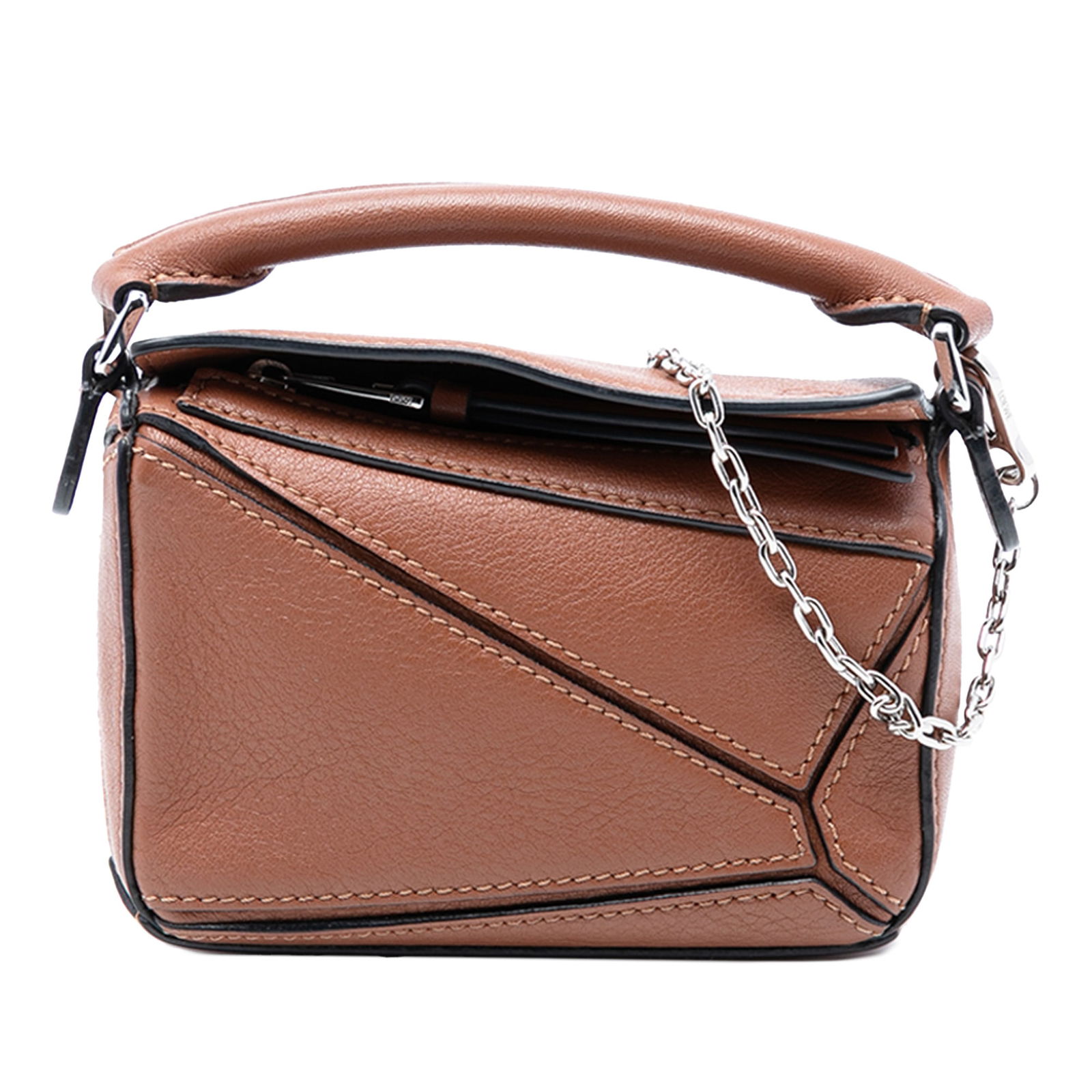 Loewe Nano Puzzle Leather Satchel with Chain Strap Brown: Loewe Nano Puzzle Leather Satchel with Chain Strap Brown This LOEWE Nano Calfskin Puzzle Satchel features a leather body in brown, a rolled leather top handle, a detachable chain link strap, and a top