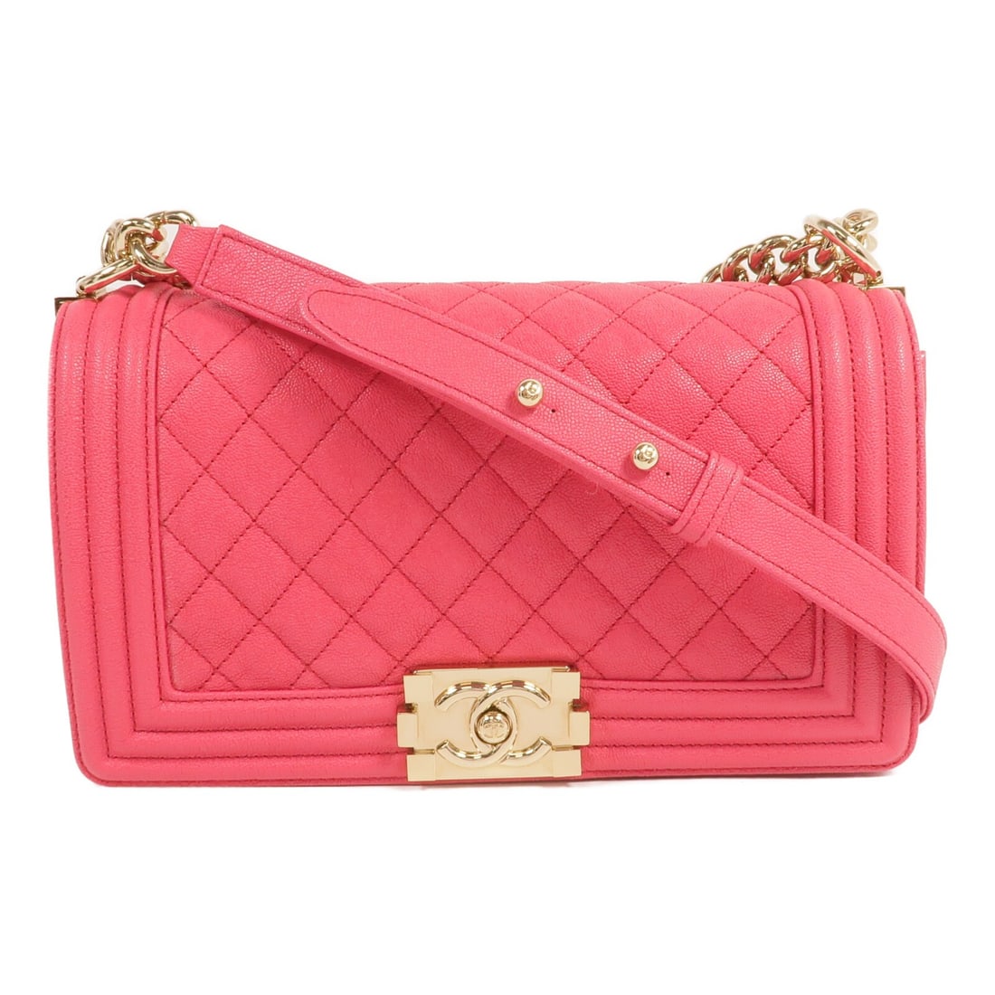 Chanel Boy 25 Pink Calfskin Chain Shoulder Bag with Gold Hardware: Chanel Boy 25 Pink Calfskin Chain Shoulder Bag with Gold Hardware This CHANEL Boy 25 shoulder bag features pink calfskin leather and a chain strap, offering a stylish and timeless design. The bag is c