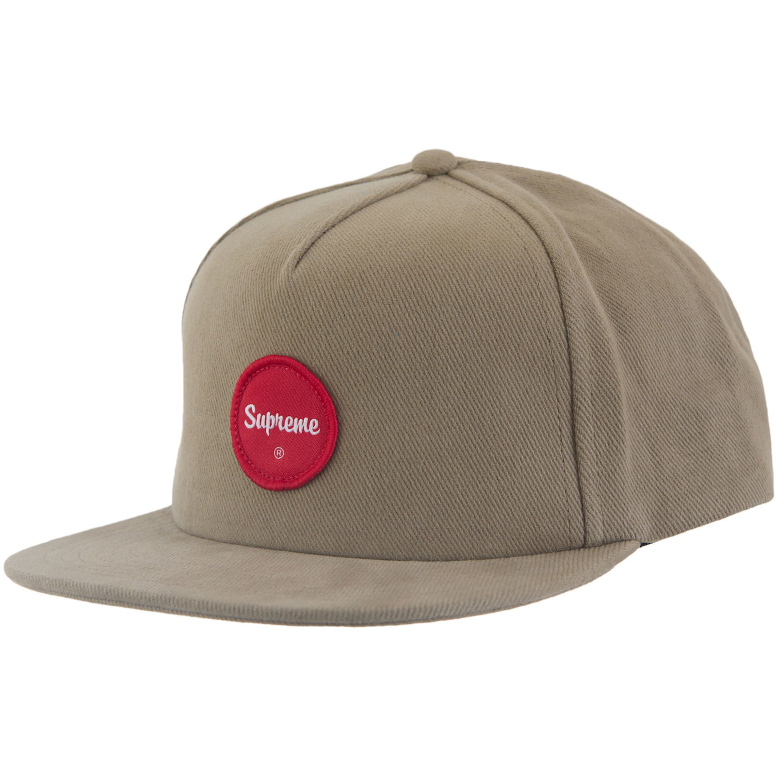 Khaki Supreme Twill Patch Five Panel Cap: Khaki Supreme Twill Patch Five Panel Cap This authentic Supreme Twill Patch Khaki 5-Panel Hat features a classic five-panel construction with a twill patch design. It is in un-used and unworn conditio