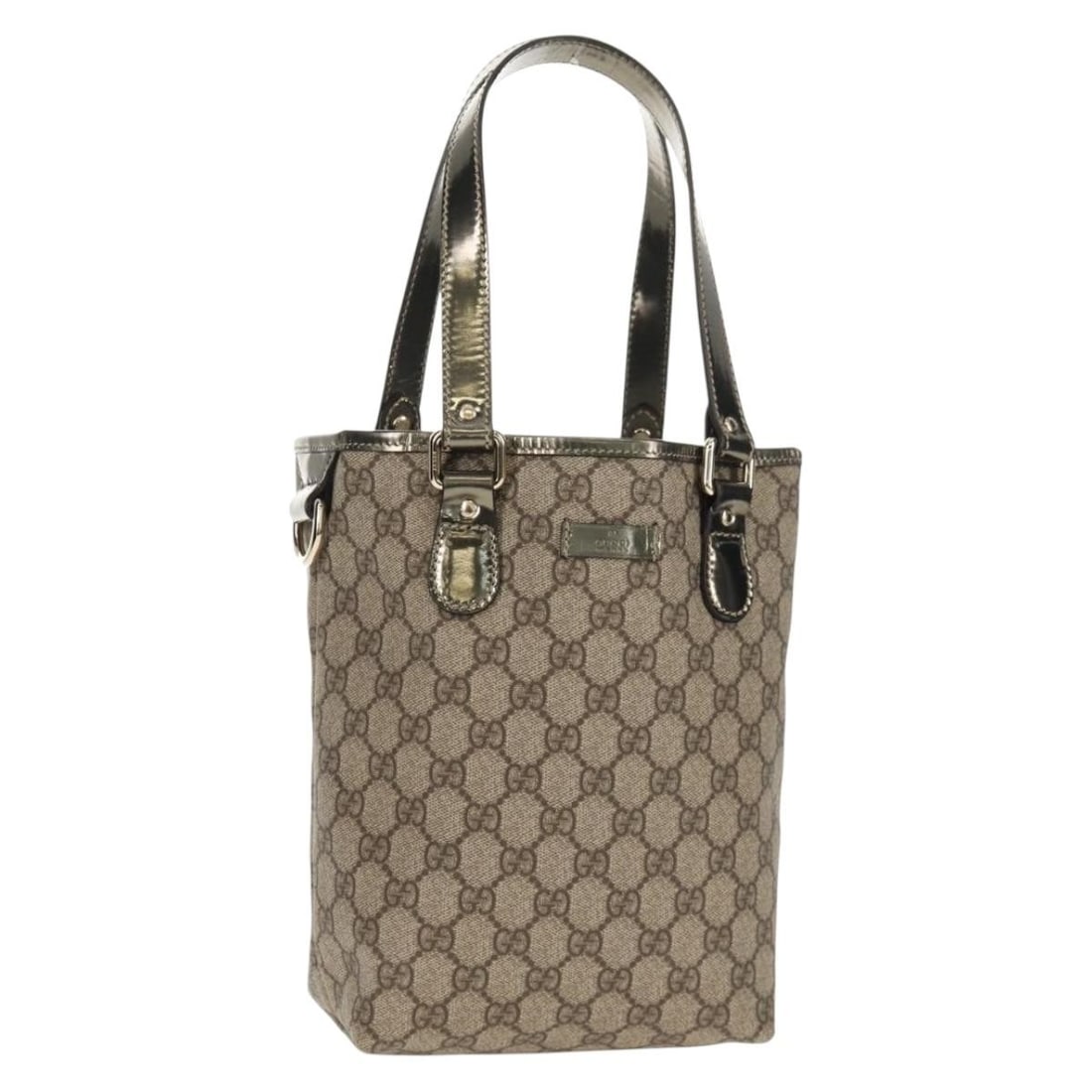 GUCCI GG Supreme Beige Silver Tote Bag PVC Leather Auth 189897: GUCCI GG Supreme Beige Silver Tote Bag PVC Leather Auth 189897 This authentic GUCCI GG Supreme Tote Bag showcases a stylish blend of PVC leather in a chic beige and silver color combination. Crafted i