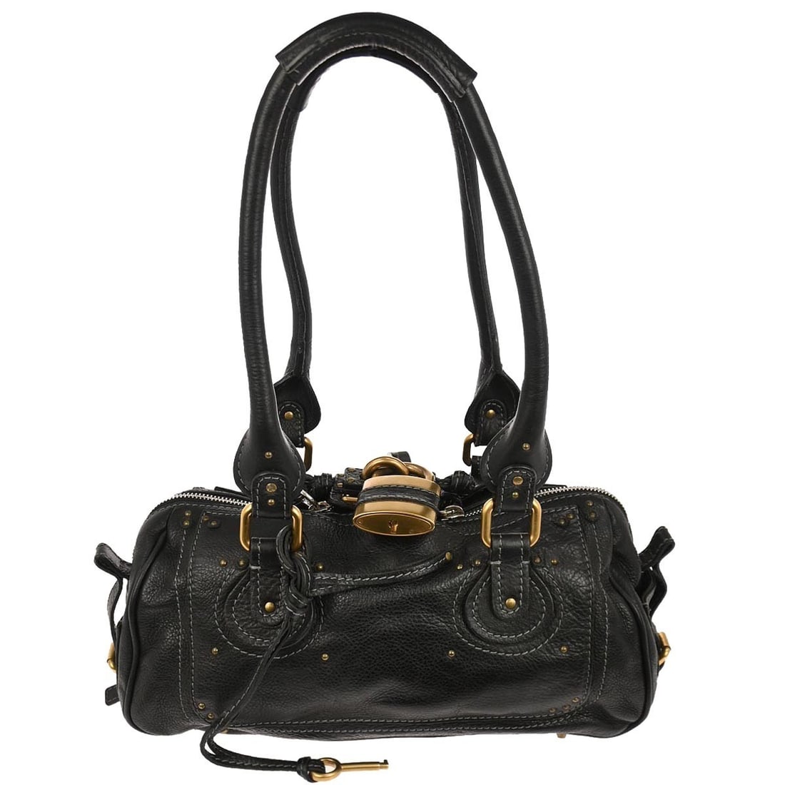 Chloe Paddington Black Leather Top Handle Bag with Gold and Silver Hardware: Chloe Paddington Black Leather Top Handle Bag with Gold and Silver Hardware This Chloe Paddington top handle bag features a black leather exterior with double handles and gold and silver tone hardware