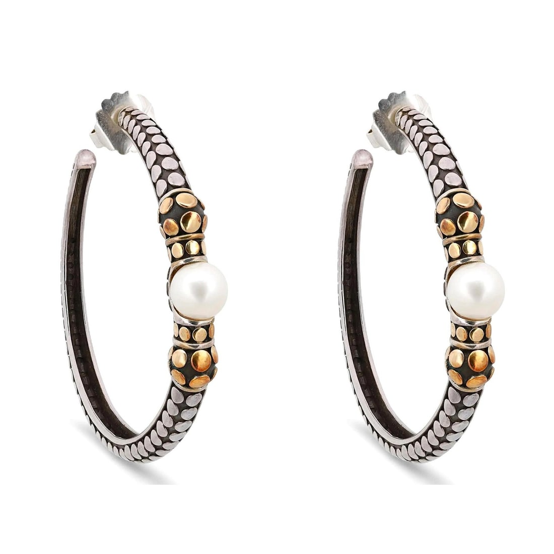 Hoop Earrings with White Pearl Sterling Silver and 18K Gold by John Hardy: Hoop Earrings with White Pearl Sterling Silver and 18K Gold by John Hardy These John Hardy hoop earrings feature a striking design with white pearls at the center, surrounded by engraved circular moti