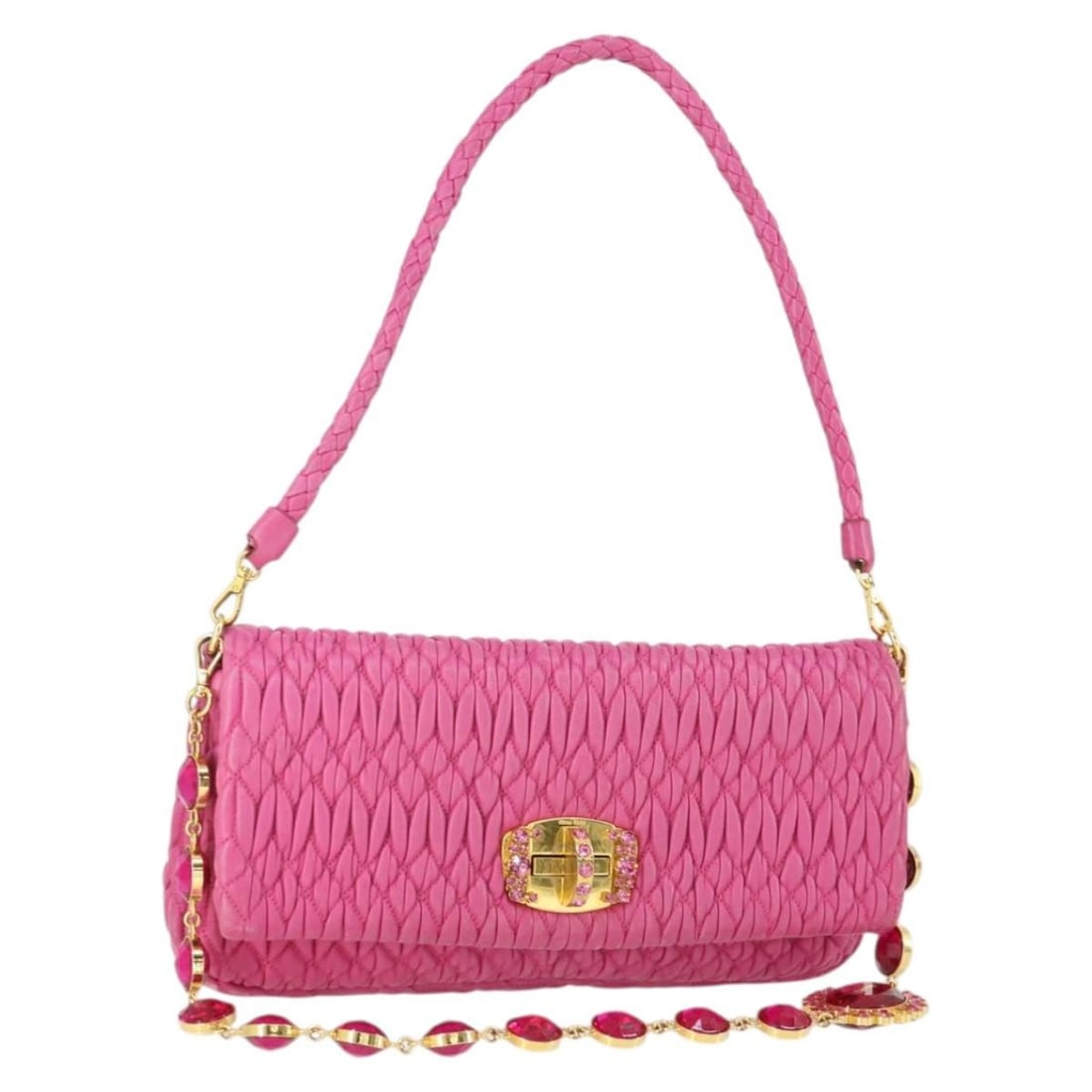 2way Pink Gold Leather Shoulder Bag by Miu Miu with Chain Strap: 2way Pink Gold Leather Shoulder Bag by Miu Miu with Chain Strap This Miu Miu Matelasse shoulder bag features a two-way design crafted from pink and gold leather. The bag includes a chain shoulder stra