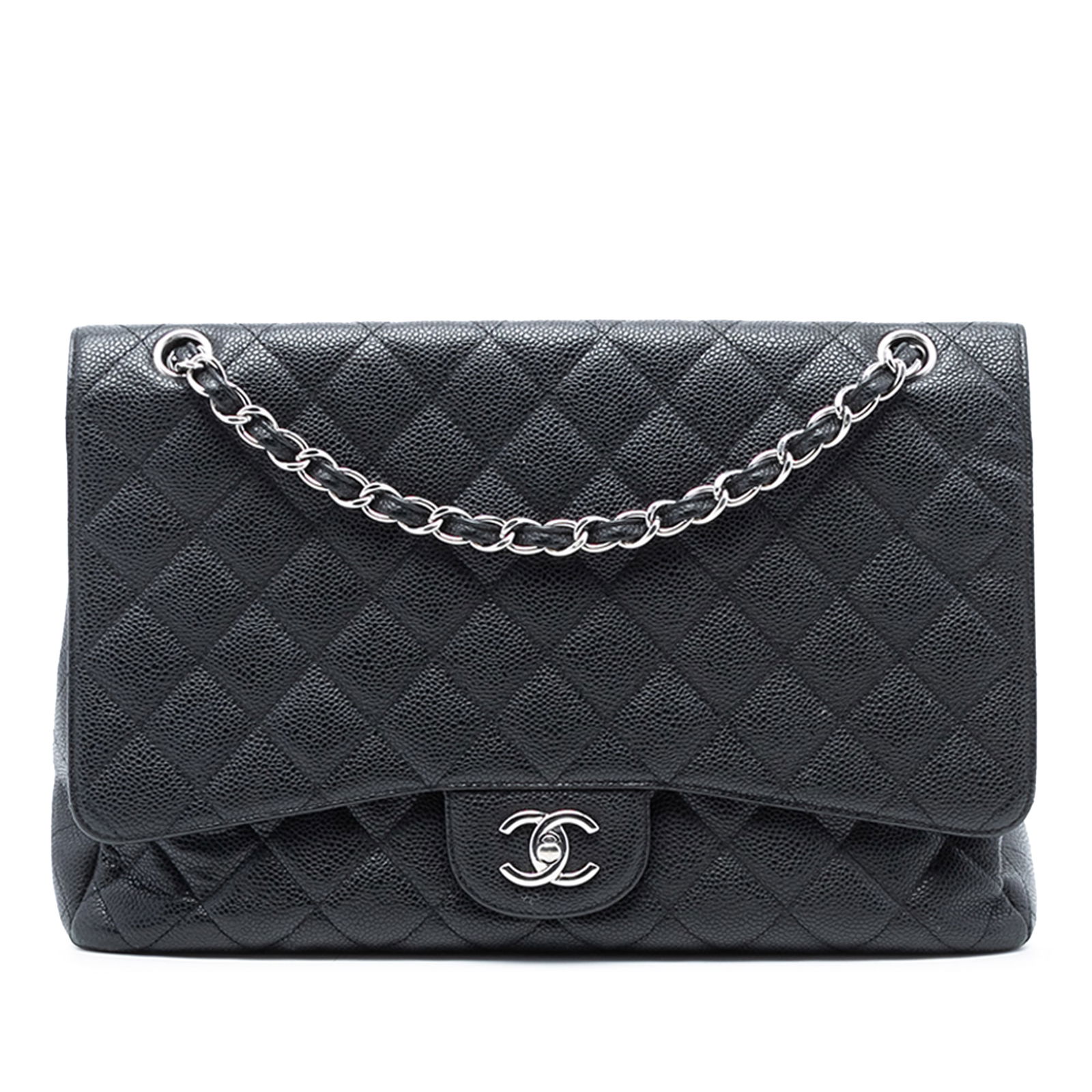 Black Chanel Maxi Quilted Caviar Leather Single Flap Shoulder Bag: Black Chanel Maxi Quilted Caviar Leather Single Flap Shoulder Bag This Chanel Maxi Classic Caviar Single Flap bag showcases a quilted caviar leather exterior with leather woven chain link shoulder str