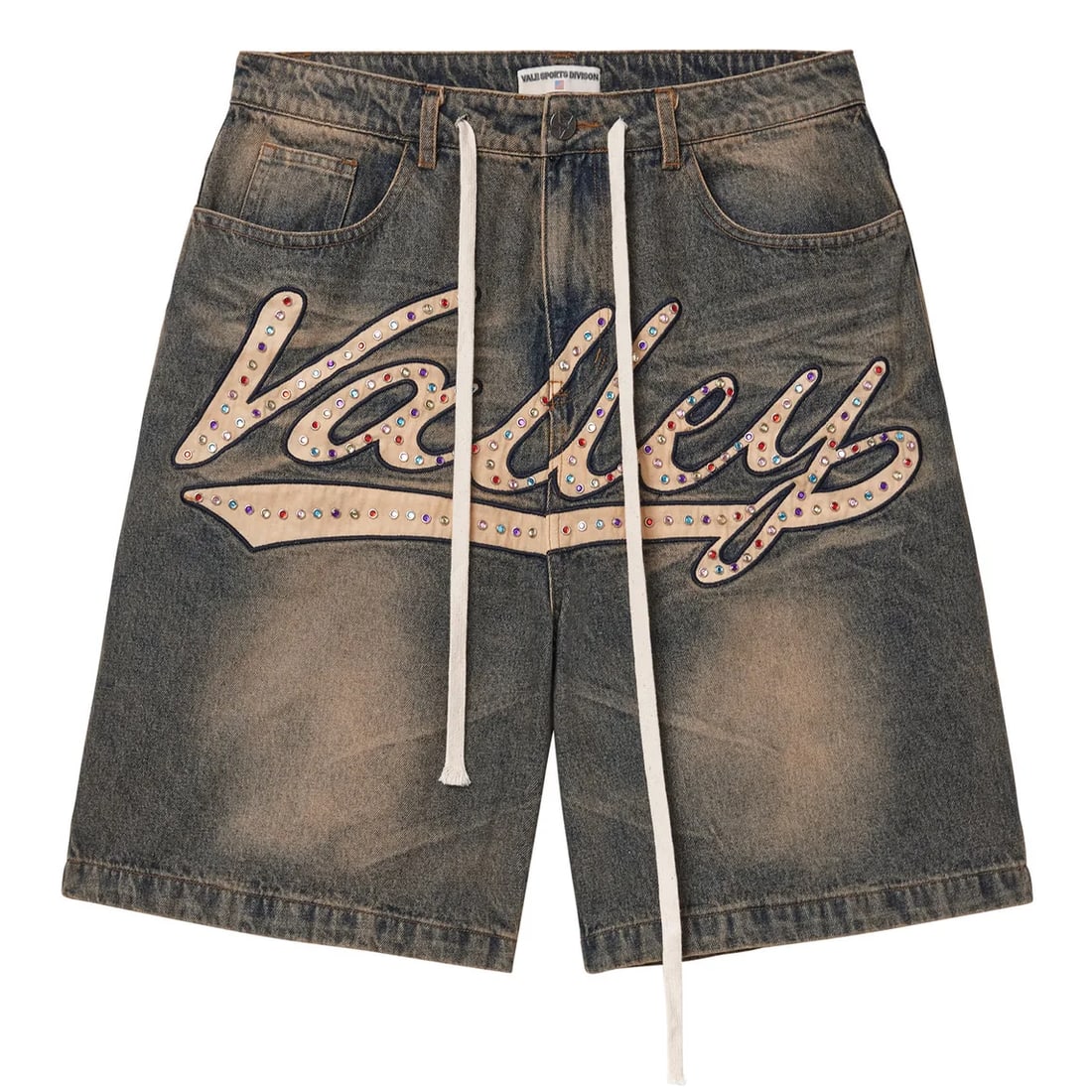 High-Waisted Denim Shorts with Multicolored Rhinestone Embellishments: High-Waisted Denim Shorts with Multicolored Rhinestone Embellishments Vale Skittles Rhinestone Denim Shorts feature a high-waisted design in premium light-wash denim, embellished with vibrant multi-co