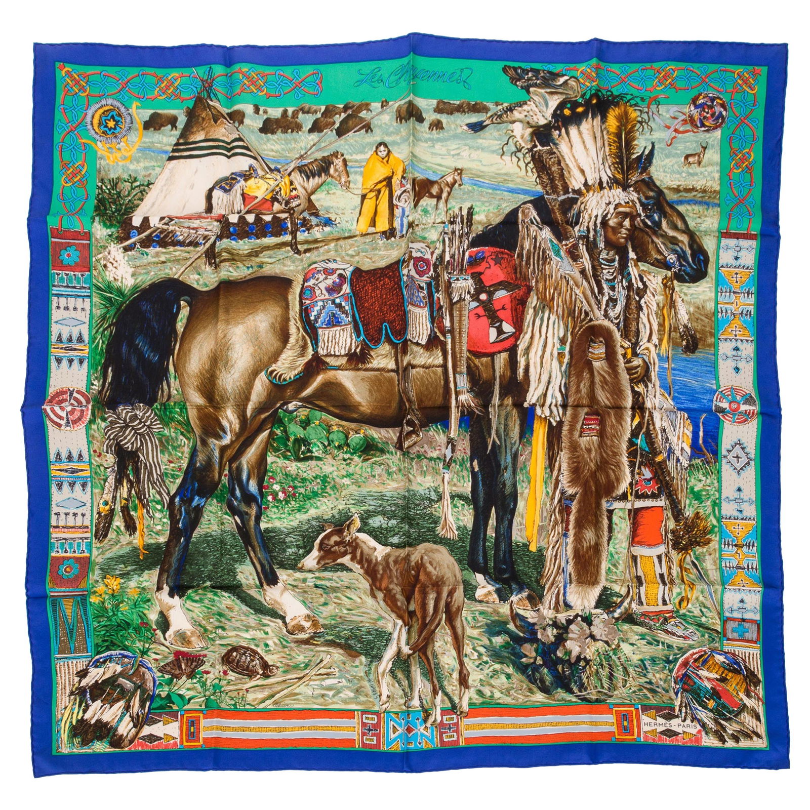 Hermes Les Cheyennes Scarf by Kermit Oliver 35in Silk Twill: Hermes Les Cheyennes Scarf by Kermit Oliver 35in Silk Twill This exquisite Hermes collectible scarf features the iconic 'Les Cheyennes' design, masterfully created by the renowned artist Kermit Oliver