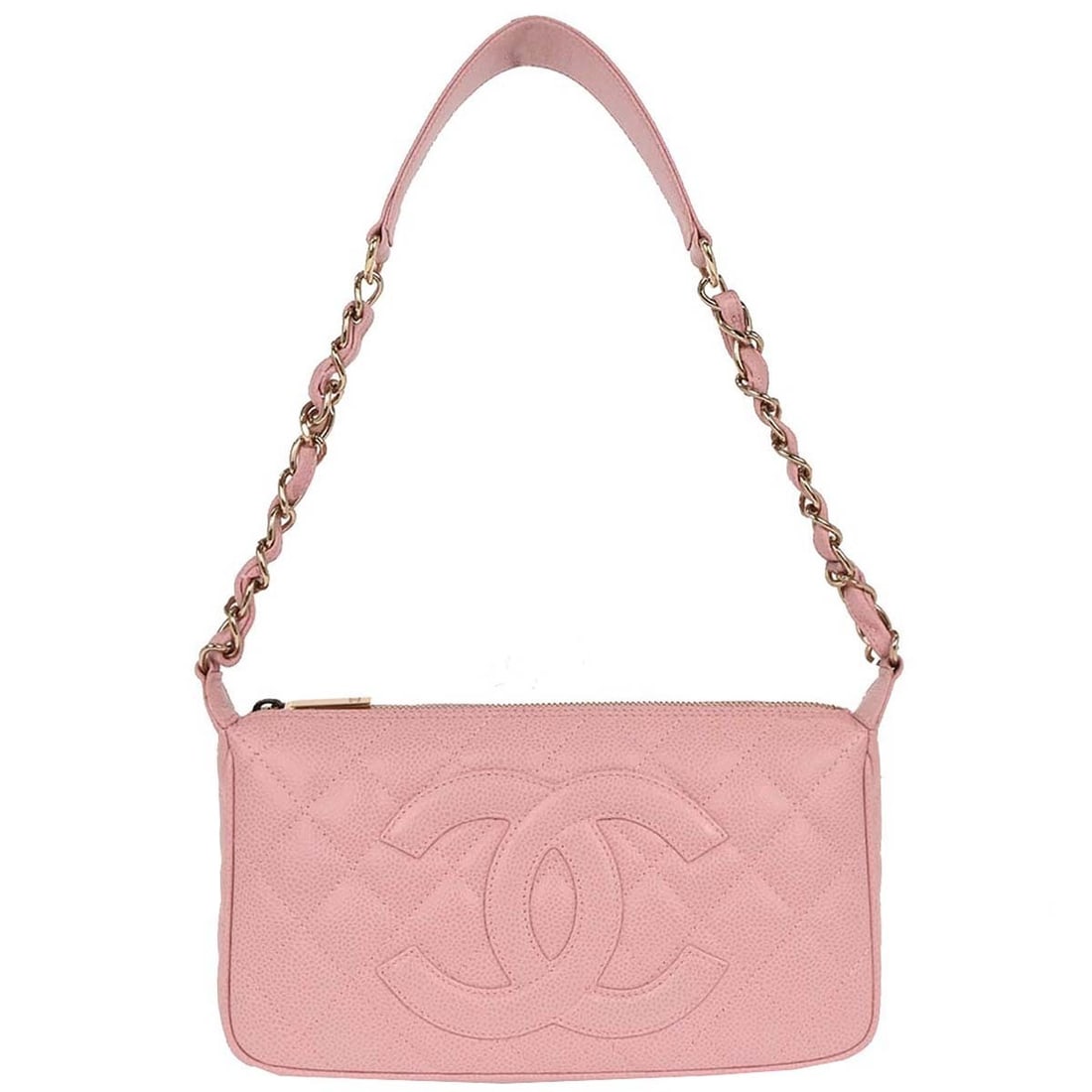 Chanel Pink Calfskin Shoulder Bag Caviar Collection: Chanel Pink Calfskin Shoulder Bag Caviar Collection This stylish Chanel Pink Calfskin Shoulder Bag is perfect for any fashion-forward individual. With a compact design, it measures 10 inches in width,