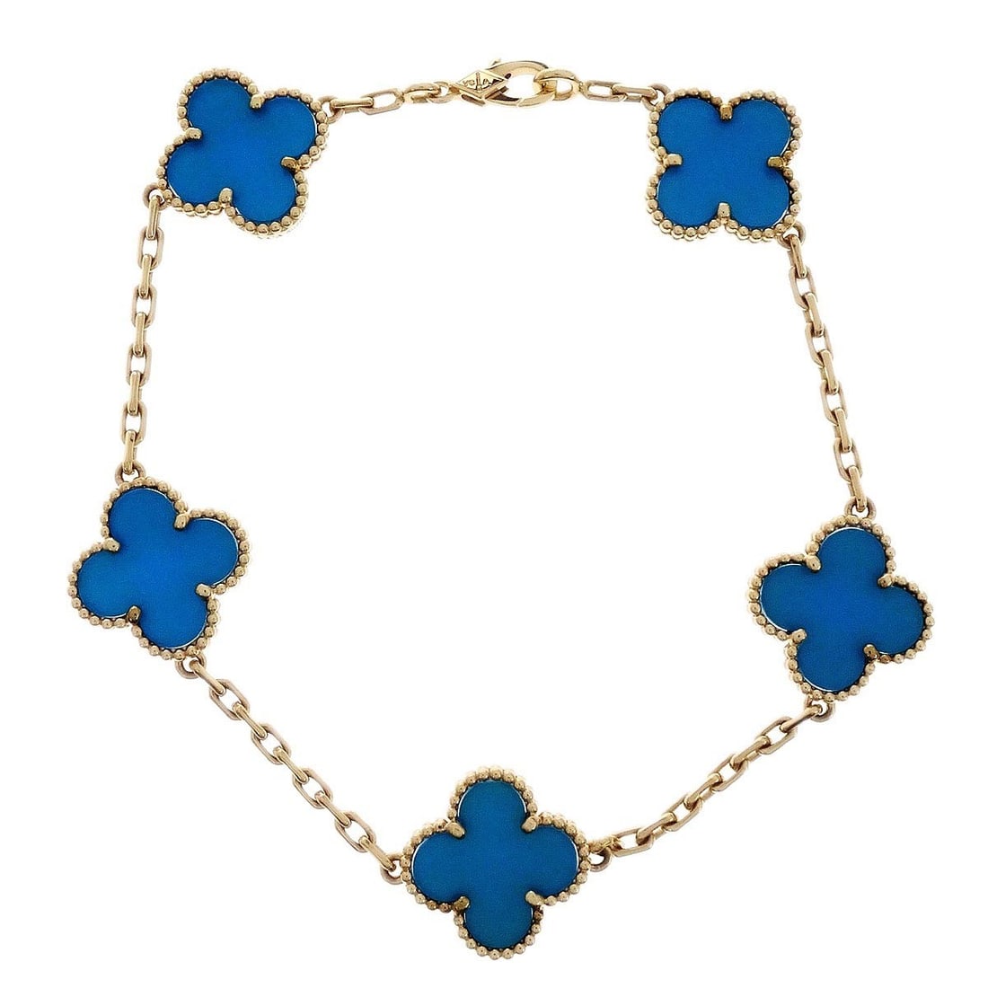 Van Cleef Arpels Alhambra Gold Chain Bracelet with Blue Agate: Van Cleef Arpels Alhambra Gold Chain Bracelet with Blue Agate This Van Cleef & Arpels Alhambra bracelet features five motifs crafted from blue agate, set in 18k gold. The bracelet has a chain style an