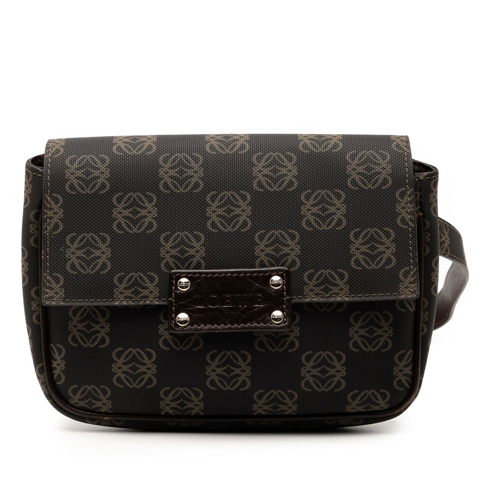 LOEWE Anagram Coated Canvas Belt Bag Brown Fabric: LOEWE Anagram Coated Canvas Belt Bag Brown Fabric This LOEWE Anagram Coated Canvas Belt Bag is a stylish accessory crafted from durable coated canvas with leather trim. It features a sleek flat waist