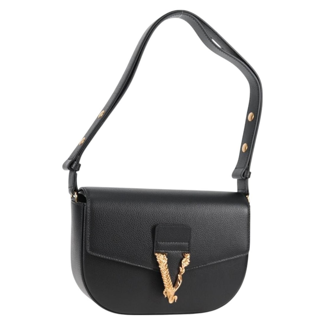 Versace Virtus Black Leather Crossbody Flap Bag: Versace Virtus Black Leather Crossbody Flap Bag The Versace Virtus Flap Messenger Bag is crafted from black leather and designed for women. This Italian-made bag features a structured flap design with