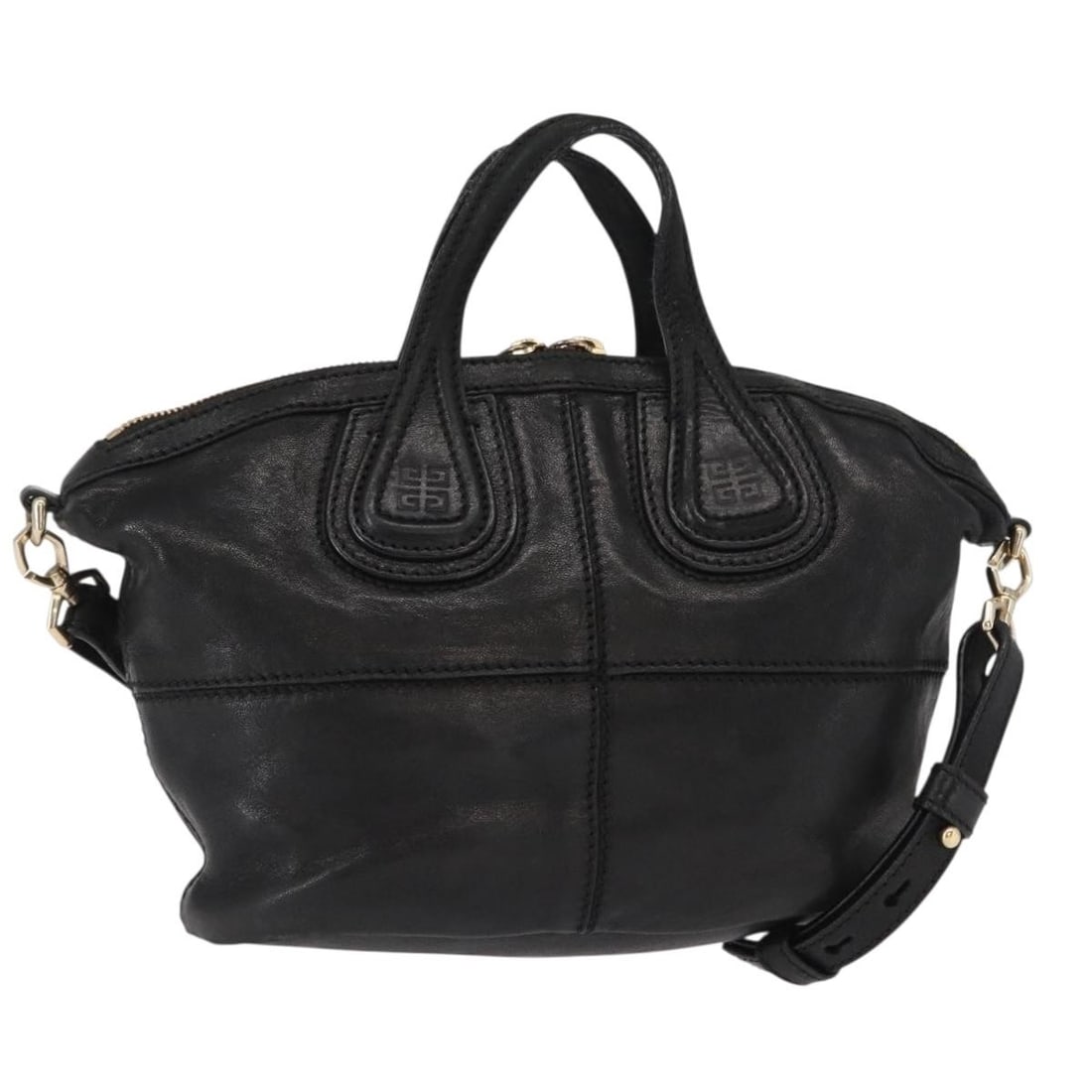 Black Leather Nightingale Satchel Bag by Givenchy 30cm: Black Leather Nightingale Satchel Bag by Givenchy 30cm This pre-owned Givenchy Nightingale Satchel is crafted from black leather and designed for women. The handbag features signs of use, including ru