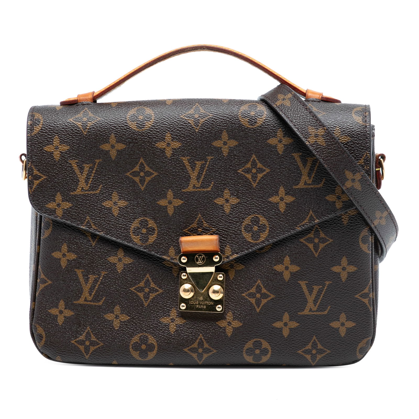 Louis Vuitton Pochette Metis Monogram Canvas Shoulder Bag with Top Handle: Louis Vuitton Pochette Metis Monogram Canvas Shoulder Bag with Top Handle This Louis Vuitton Pochette Metis features the iconic monogram canvas complemented by a flat vachetta leather top handle and a