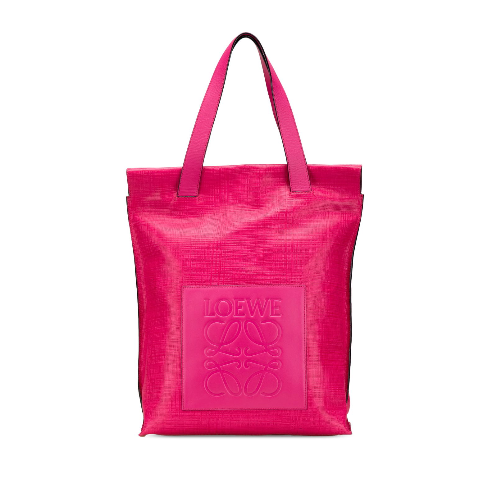 LOEWE Anagram Pink Leather Shopper Tote with Zip Closure: LOEWE Anagram Pink Leather Shopper Tote with Zip Closure Elevate your style with the LOEWE Anagram Leather Shopper Tote, expertly crafted from premium pink leather. This chic tote bag features flat le