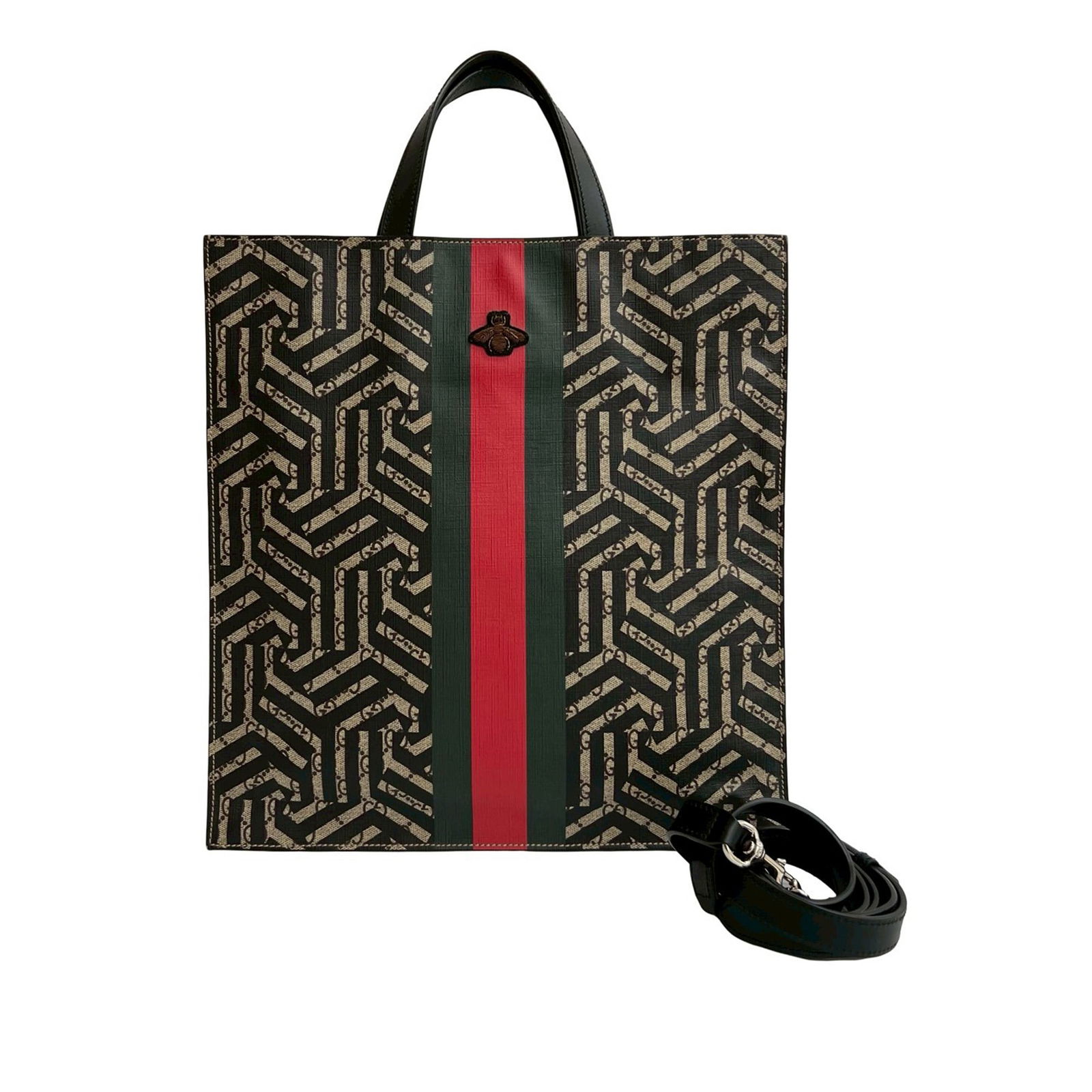 Gucci GG Supreme Caleido Web Canvas Vertical Tote Bag: Gucci GG Supreme Caleido Web Canvas Vertical Tote Bag The Gucci GG Supreme Caleido Web Vertical Tote is crafted from coated canvas with flat leather handles and features an open top with a magnetic sn