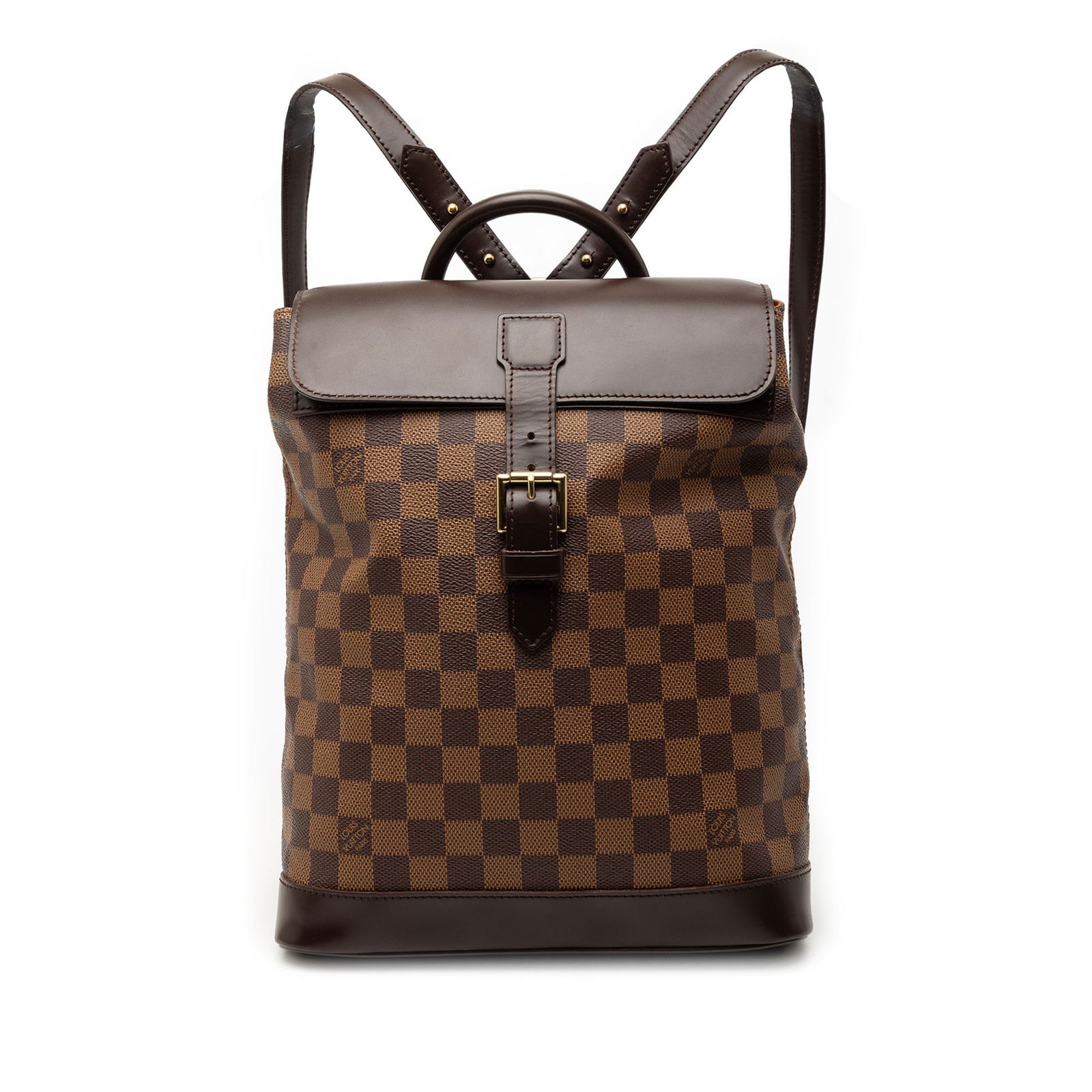 Louis Vuitton Soho Damier Ebene Canvas Brown Backpack with Leather Trim: Louis Vuitton Soho Damier Ebene Canvas Brown Backpack with Leather Trim The Louis Vuitton Damier Ebene Soho Backpack showcases a damier ebene canvas body with leather trim, a rolled leather handle, fl