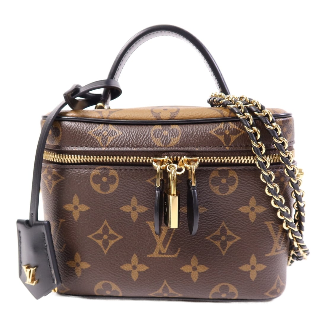 Louis Vuitton Vanity PM Monogram Reverse Brown Shoulder Bag with Gold Hardware: Louis Vuitton Vanity PM Monogram Reverse Brown Shoulder Bag with Gold Hardware This Louis Vuitton Vanity PM 2-way shoulder bag features the signature Monogram Reverse design in brown PVC coated canvas
