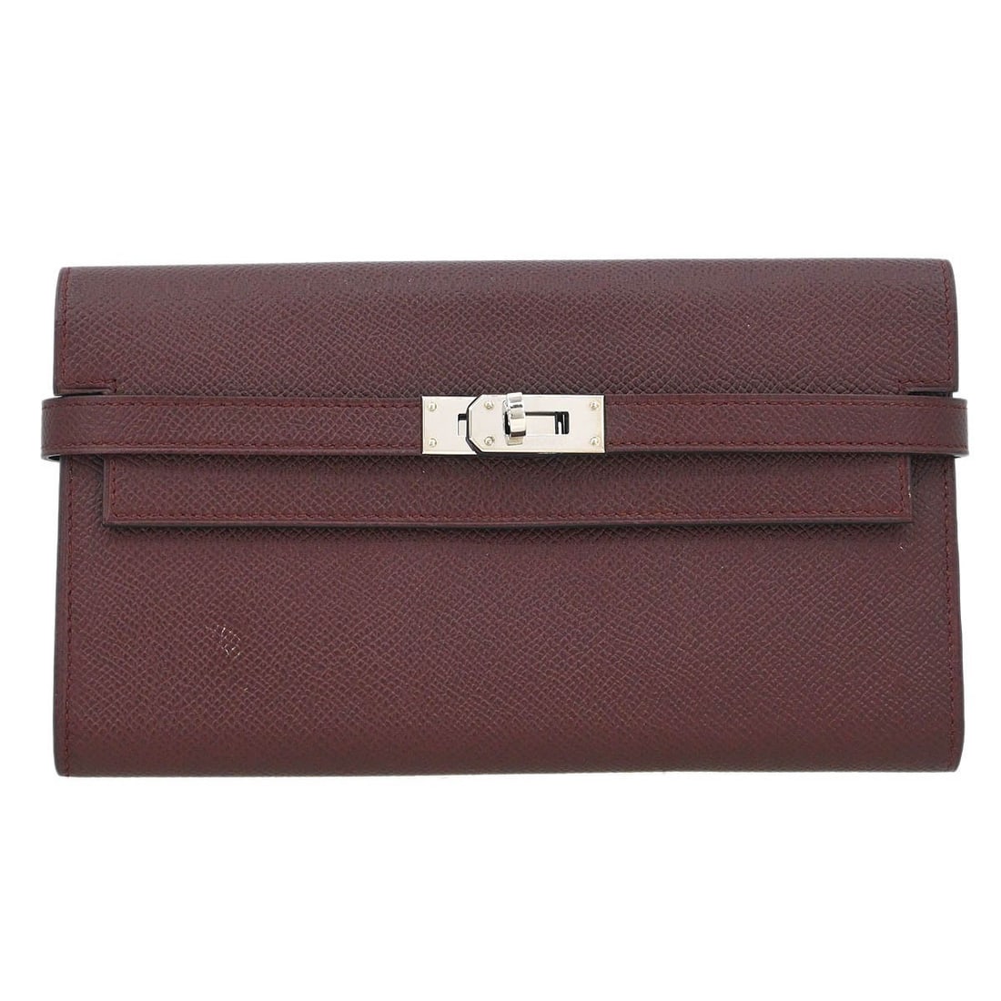 Bordeaux Epsom Leather Zip-Around Wallet by Hermes Kelly Collection: Bordeaux Epsom Leather Zip-Around Wallet by Hermes Kelly Collection This is a Hermes Kelly wallet crafted from Bordeaux Epsom leather, featuring a zip-around style and the iconic logo accent. Made in
